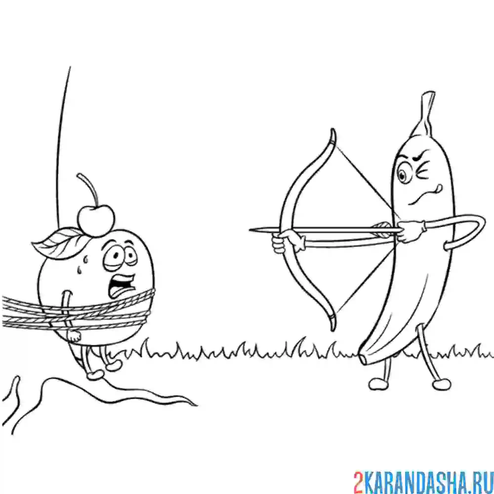 Раскраска банан лучник и яблоко