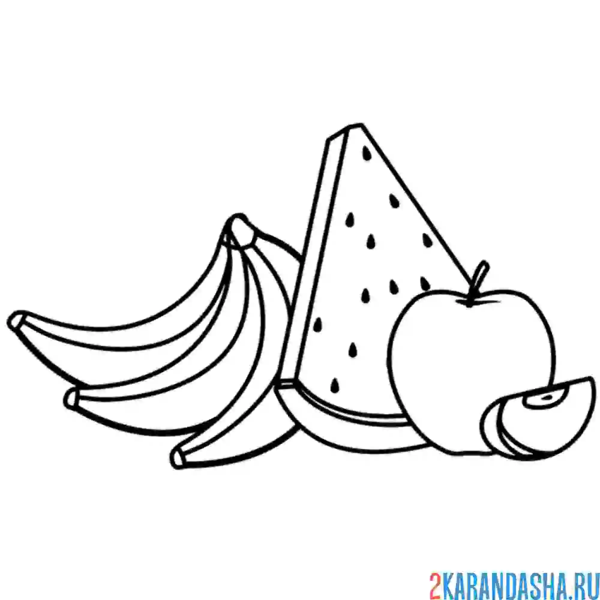 Раскраска банан, арбуз и яблоко
