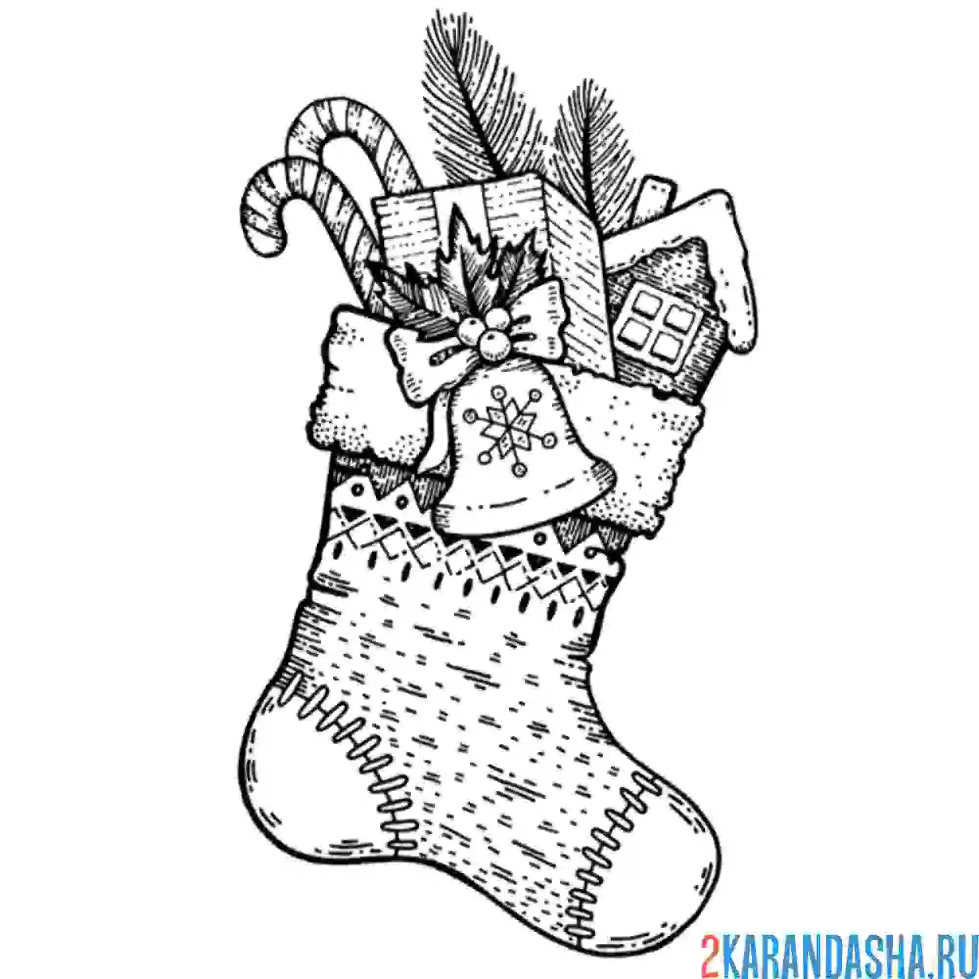 Раскраска рождественский носок с колокольчиком