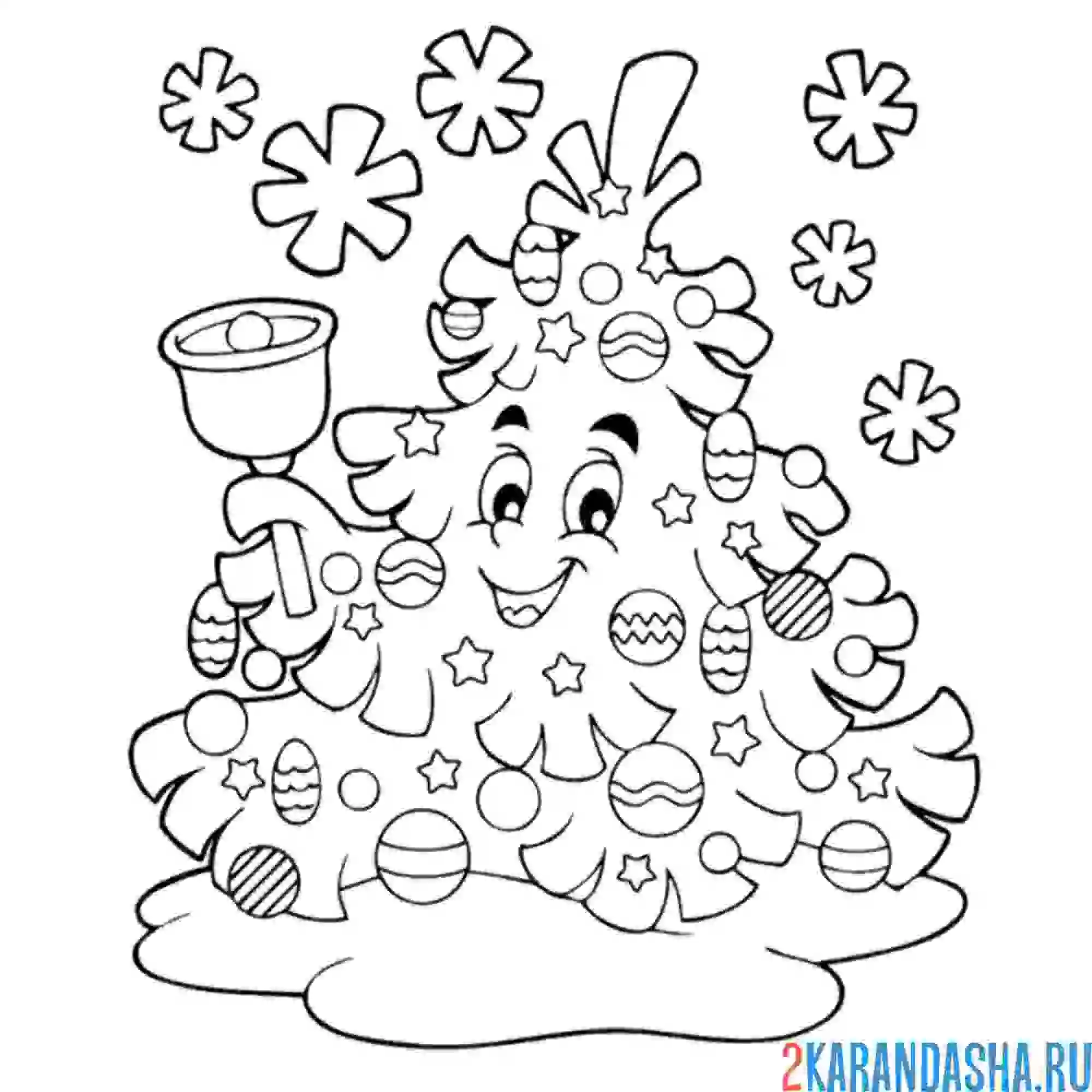 Раскраска новогодняя елка и колокольчик