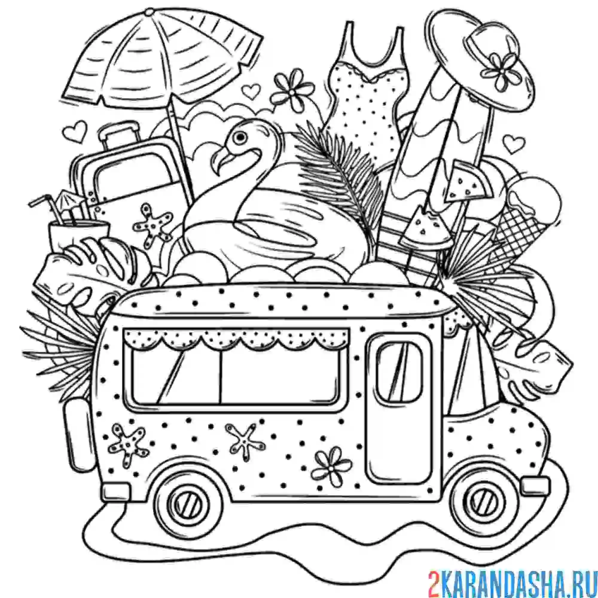 Раскраска летний хиппи-автобус