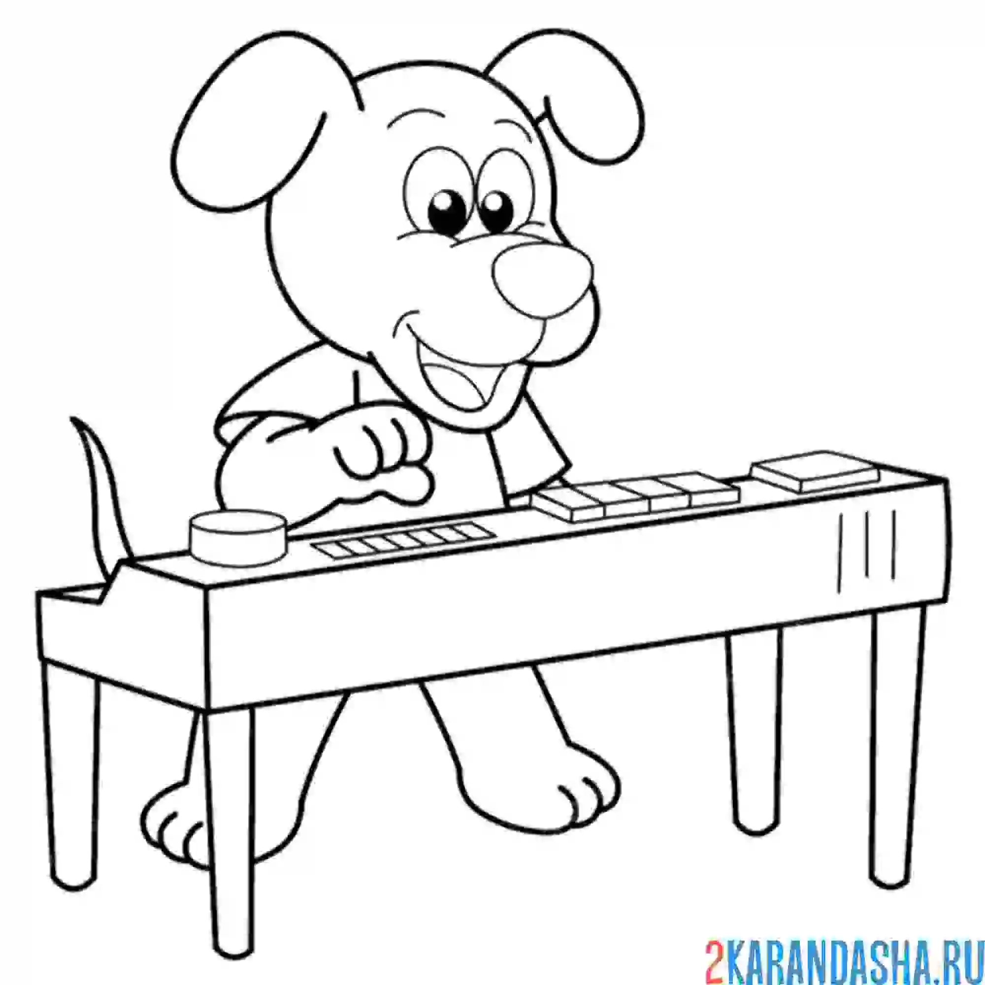 Раскраска собака играет музыкант