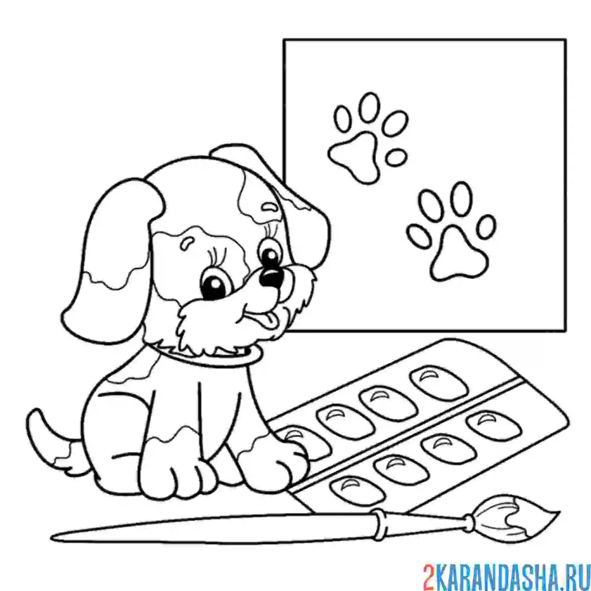 Раскраска щенок учится рисовать