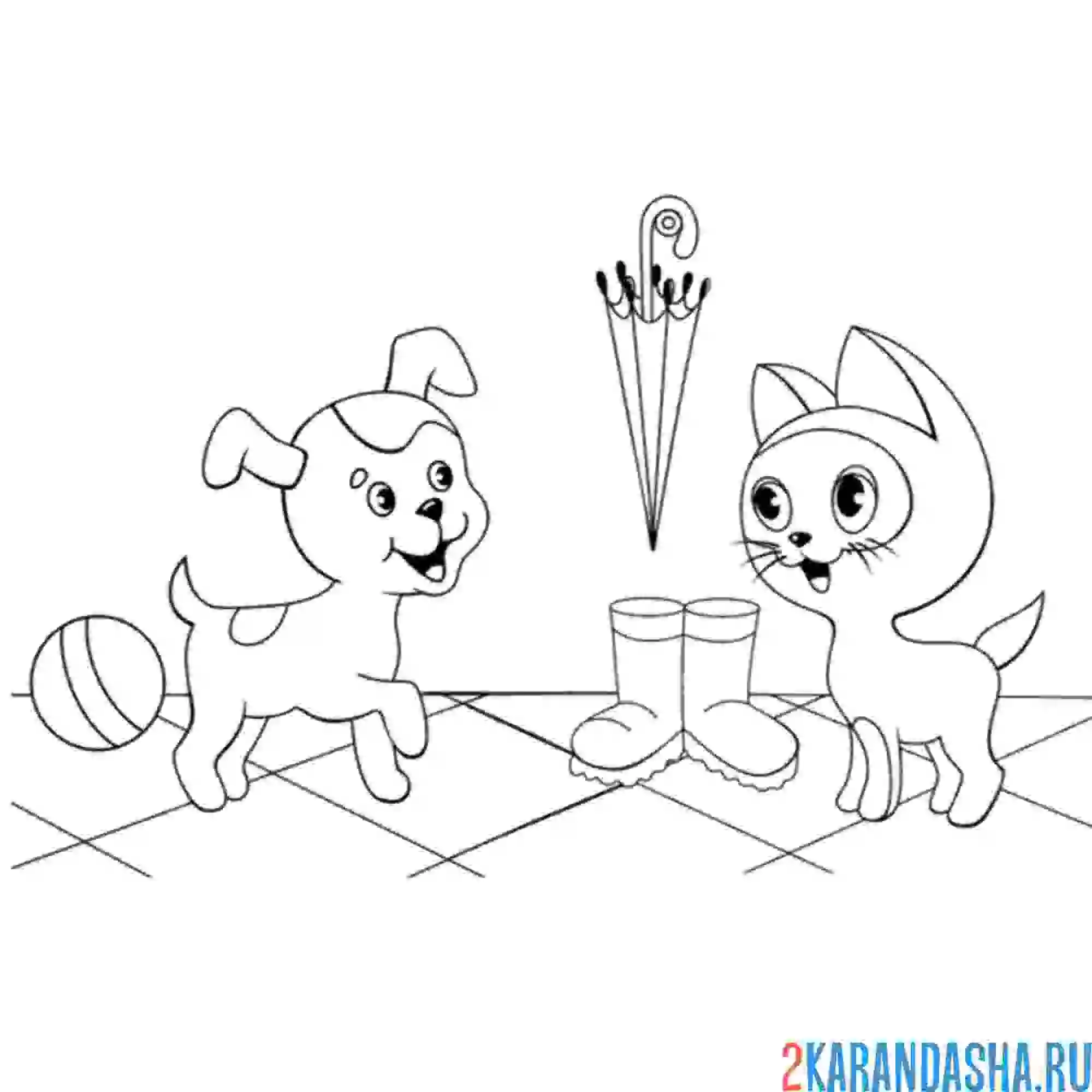 Раскраска шарик щенок и гав котенок