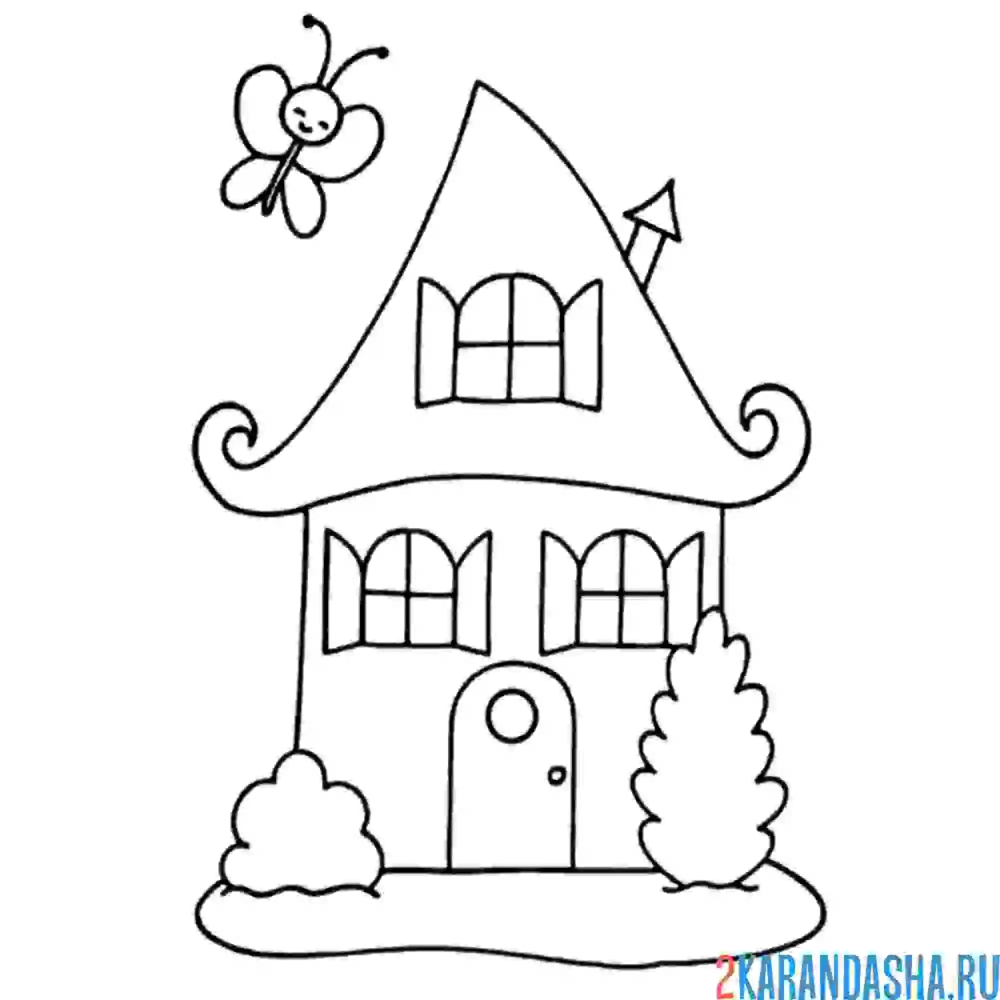 Раскраска сказочный домик с бабочкой