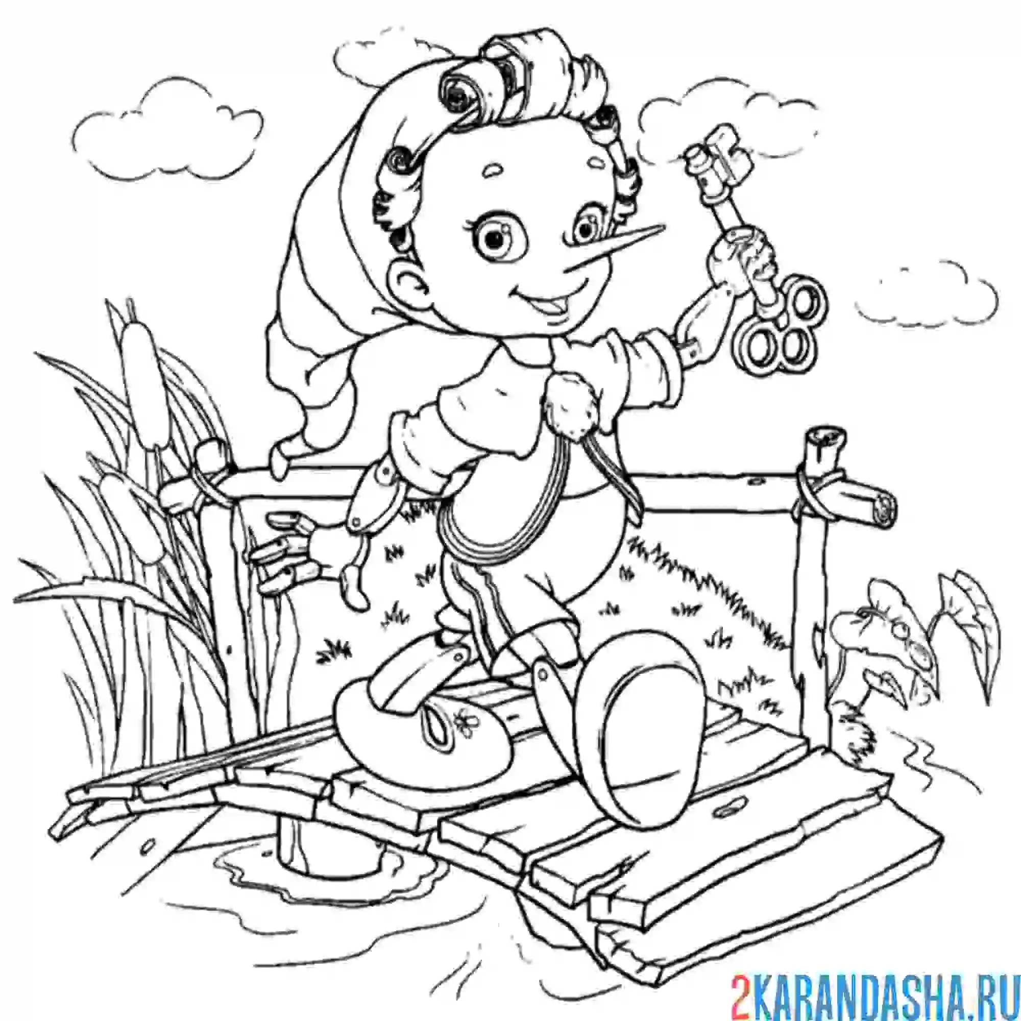 Раскраска буратино идет по мосту