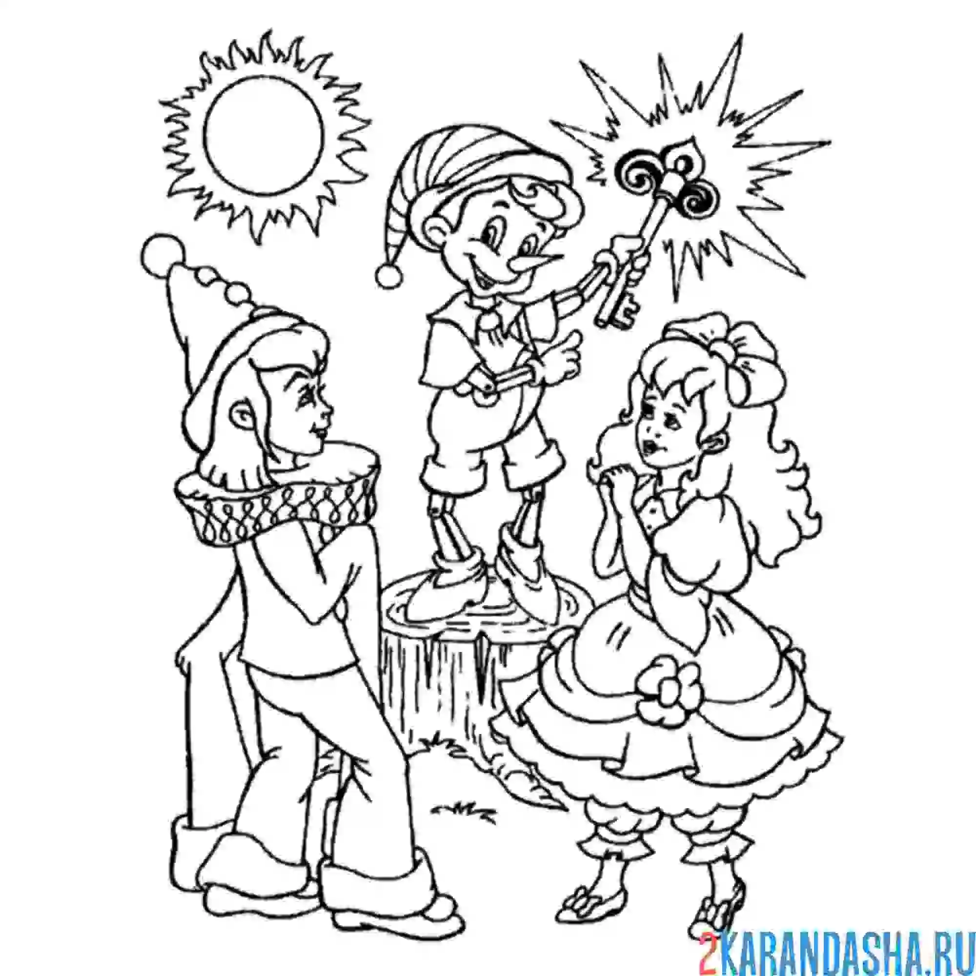 Раскраска буратино, мальвина и пьеро