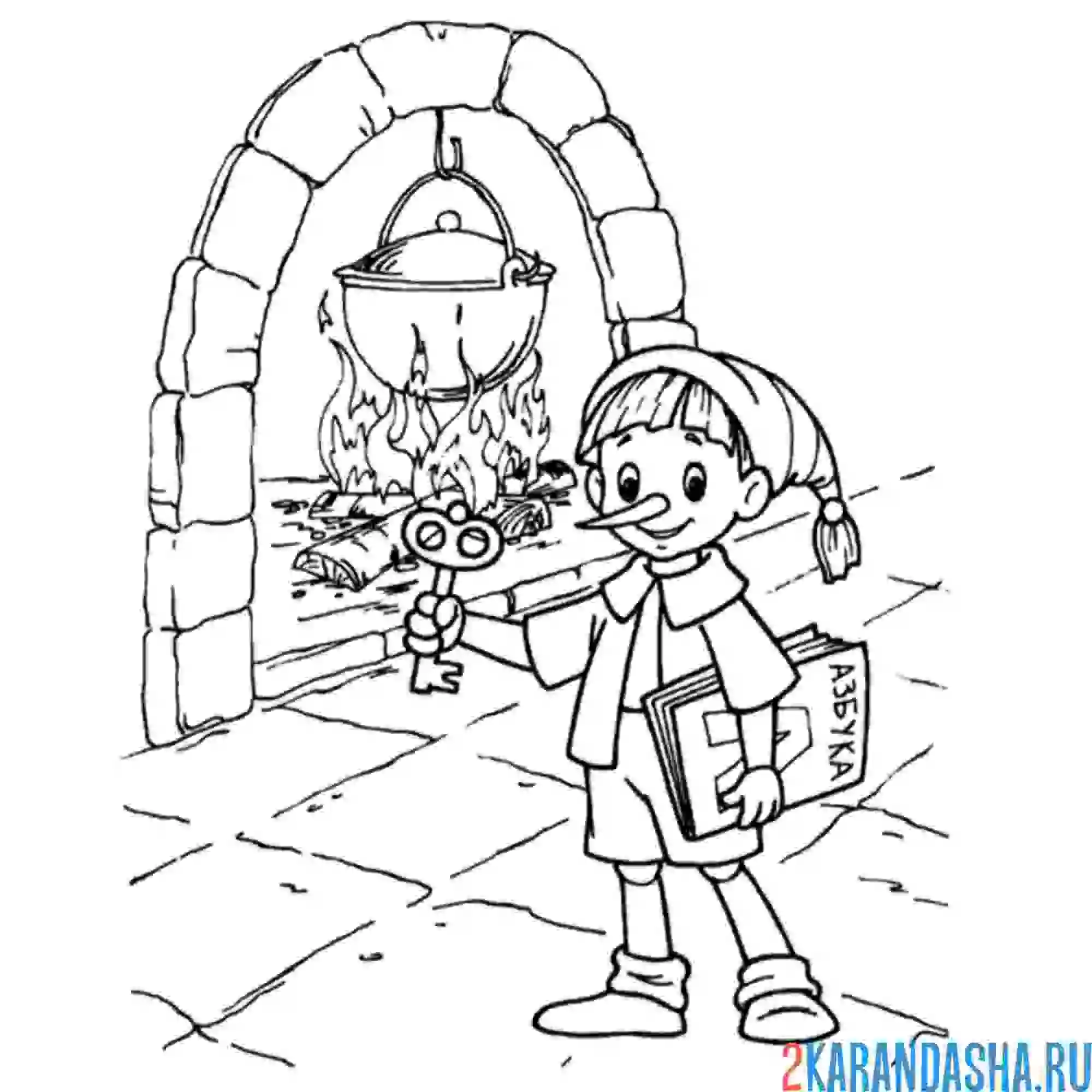 Раскраска буратино у камна