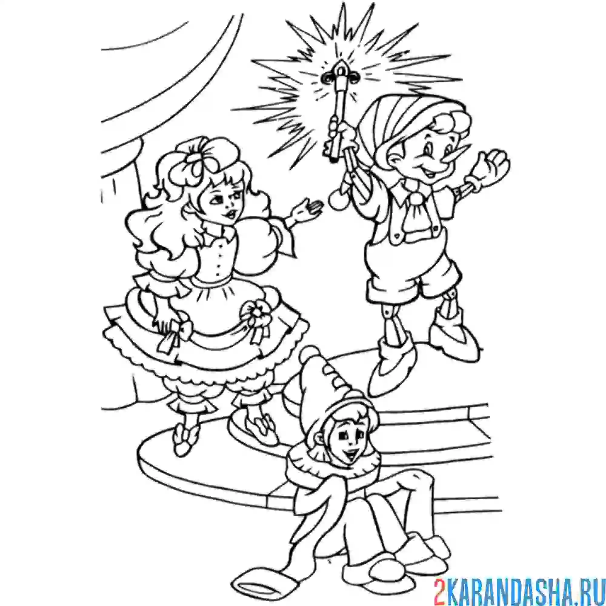 Раскраска мальвина, буратино и пьеро