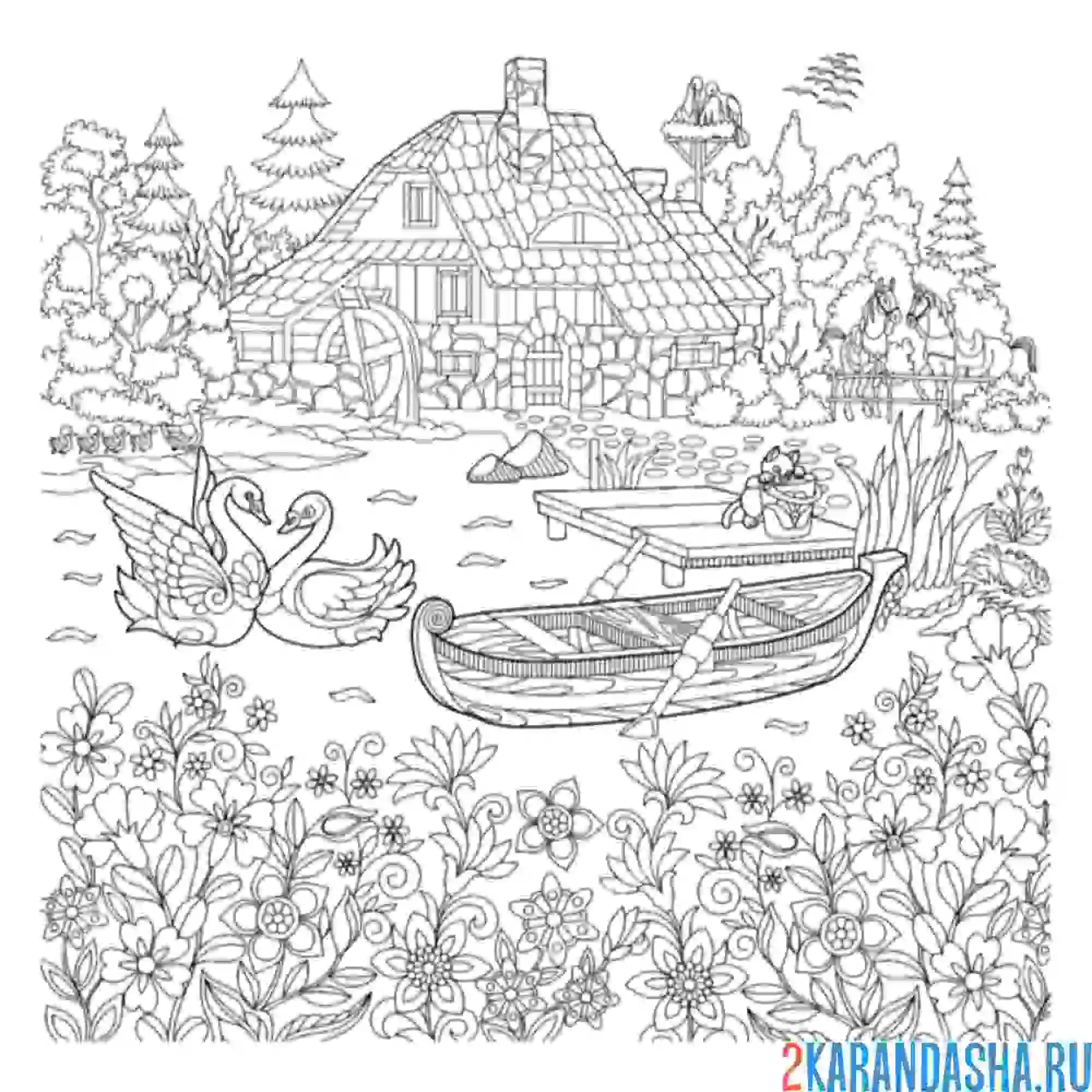 Раскраска деревенский домик и лодка