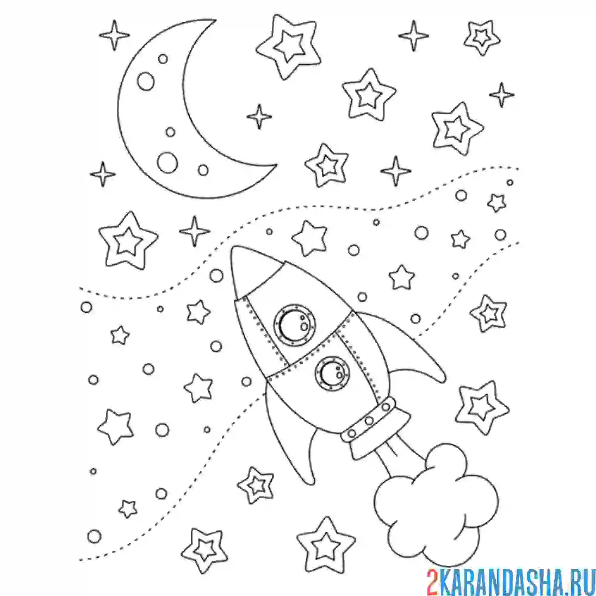 Раскраска луна и ракета в космосе
