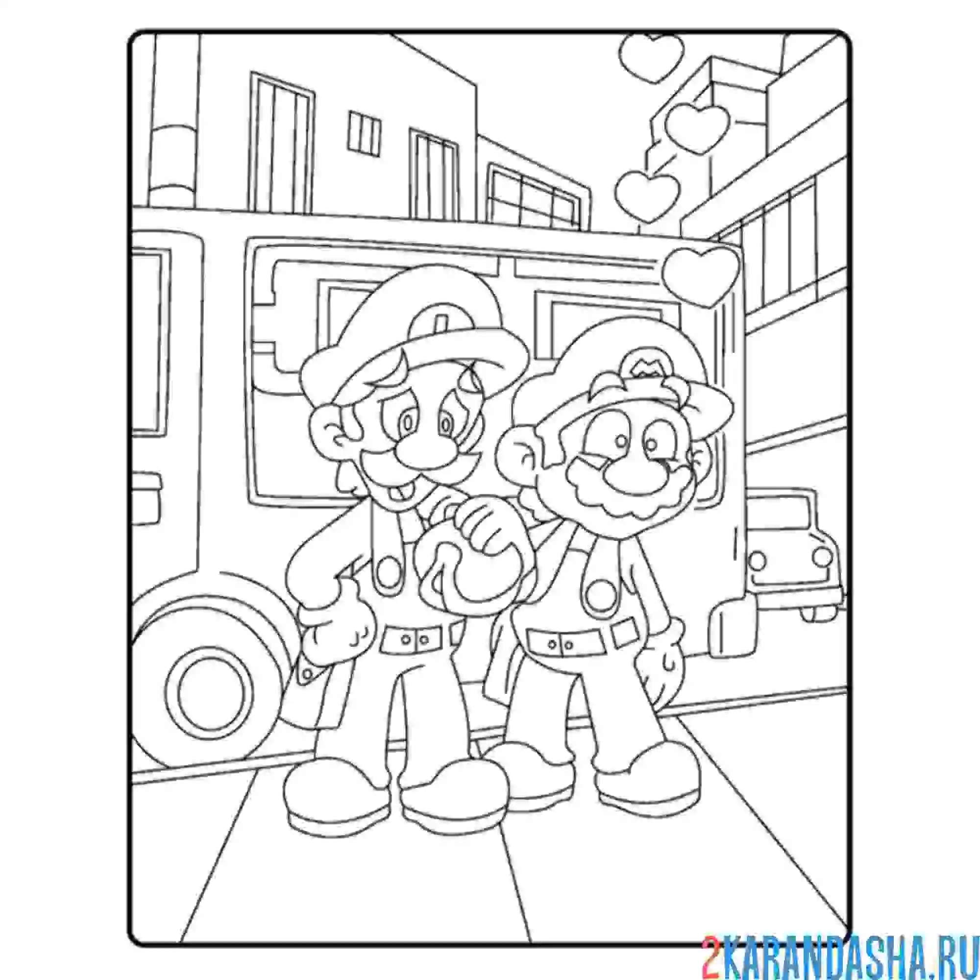 Раскраска марио и луиджи в городе
