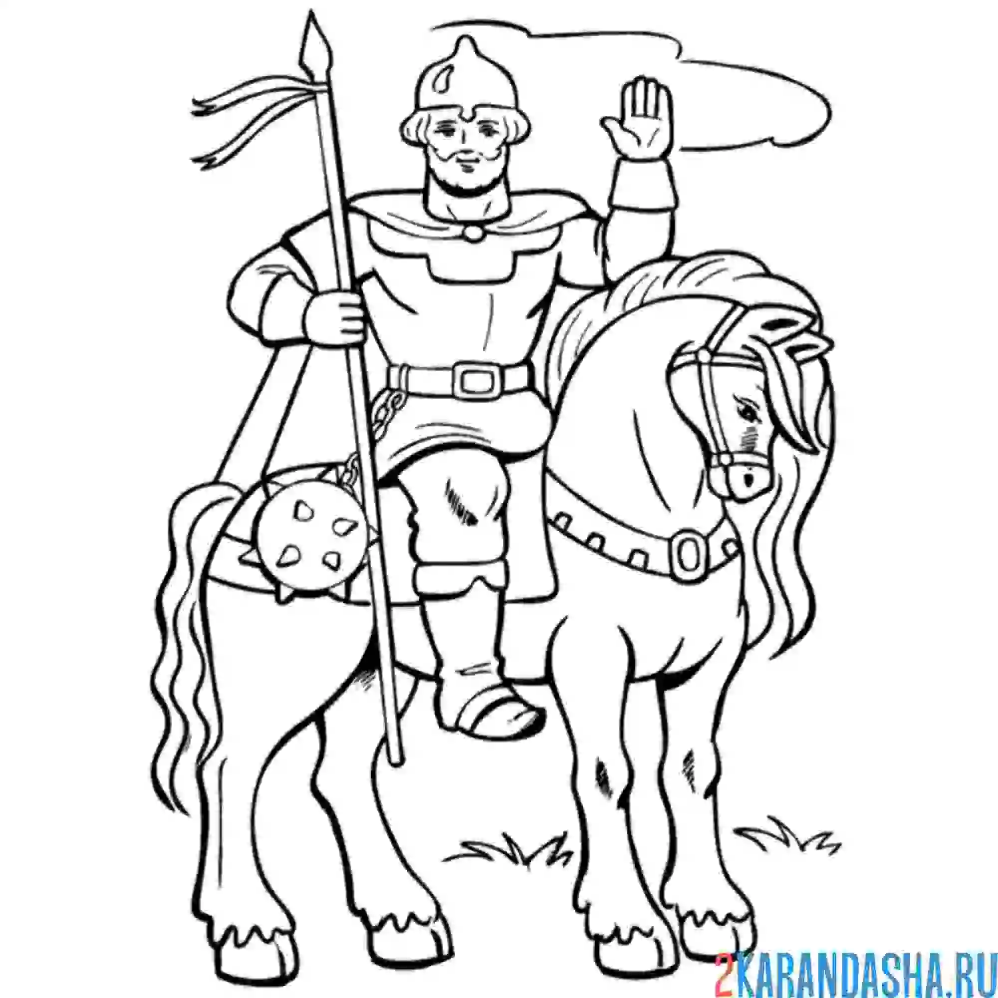 Раскраска конь и богатырь
