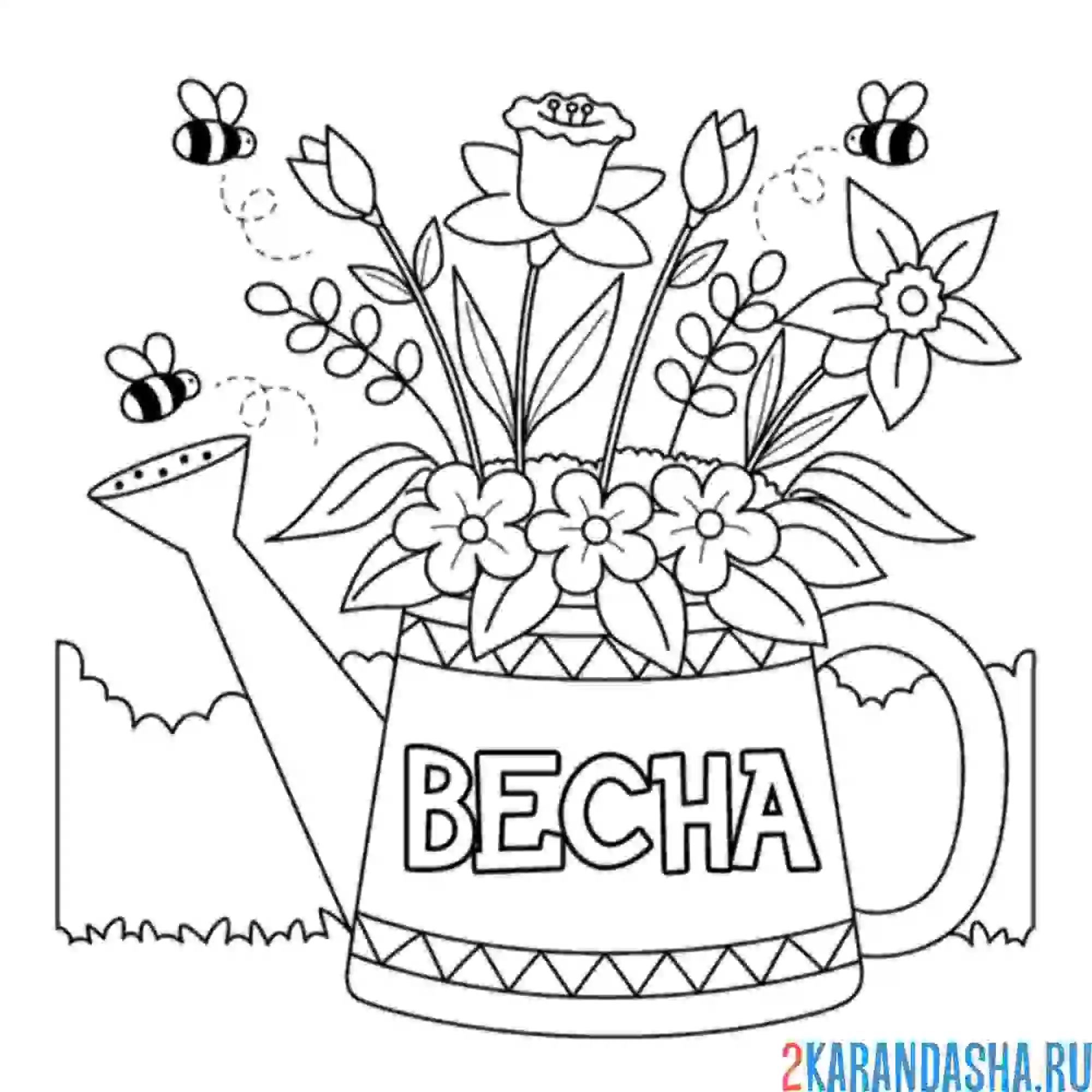 Раскраска весна букет лейка