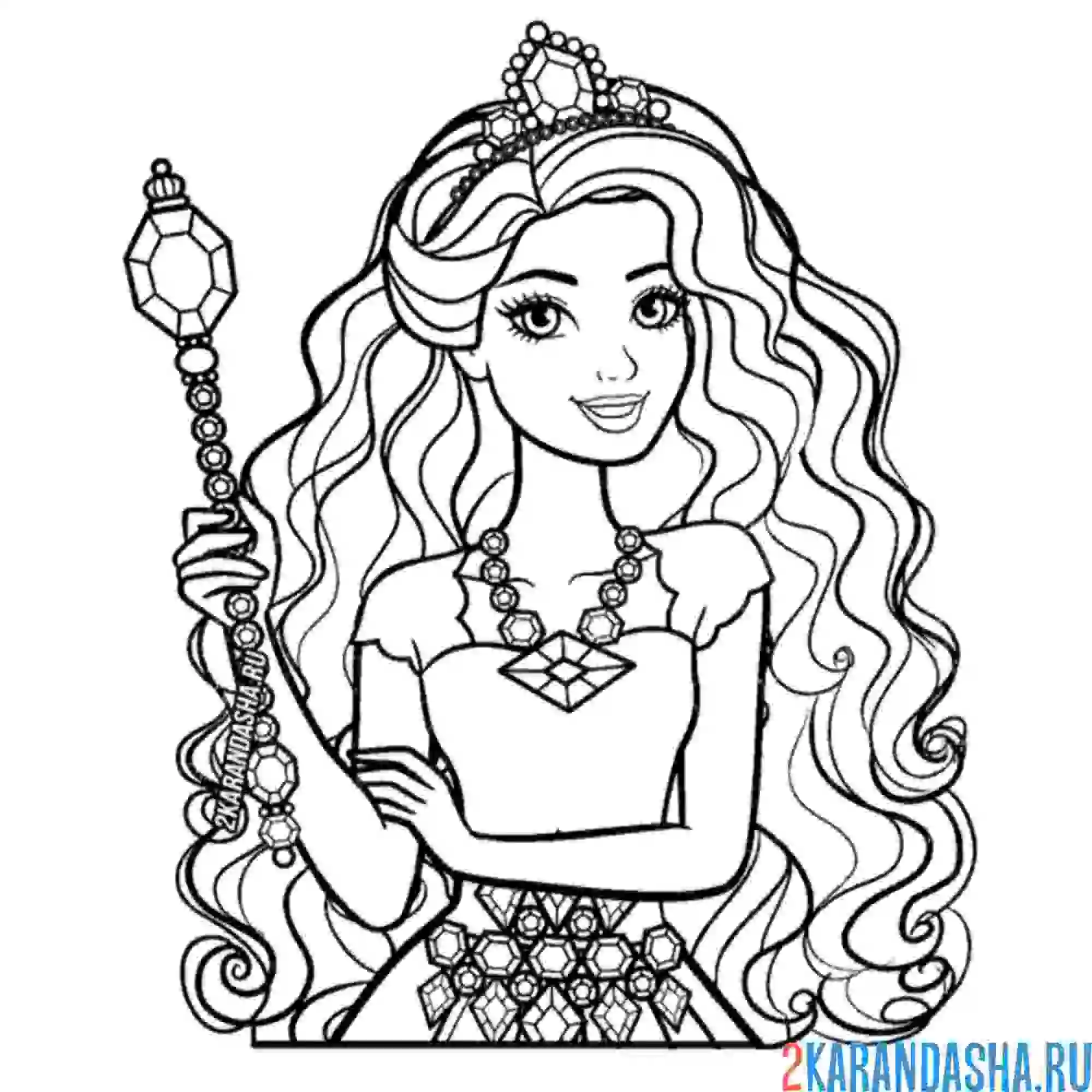 Раскраска барби принцесса с шикарными волосами