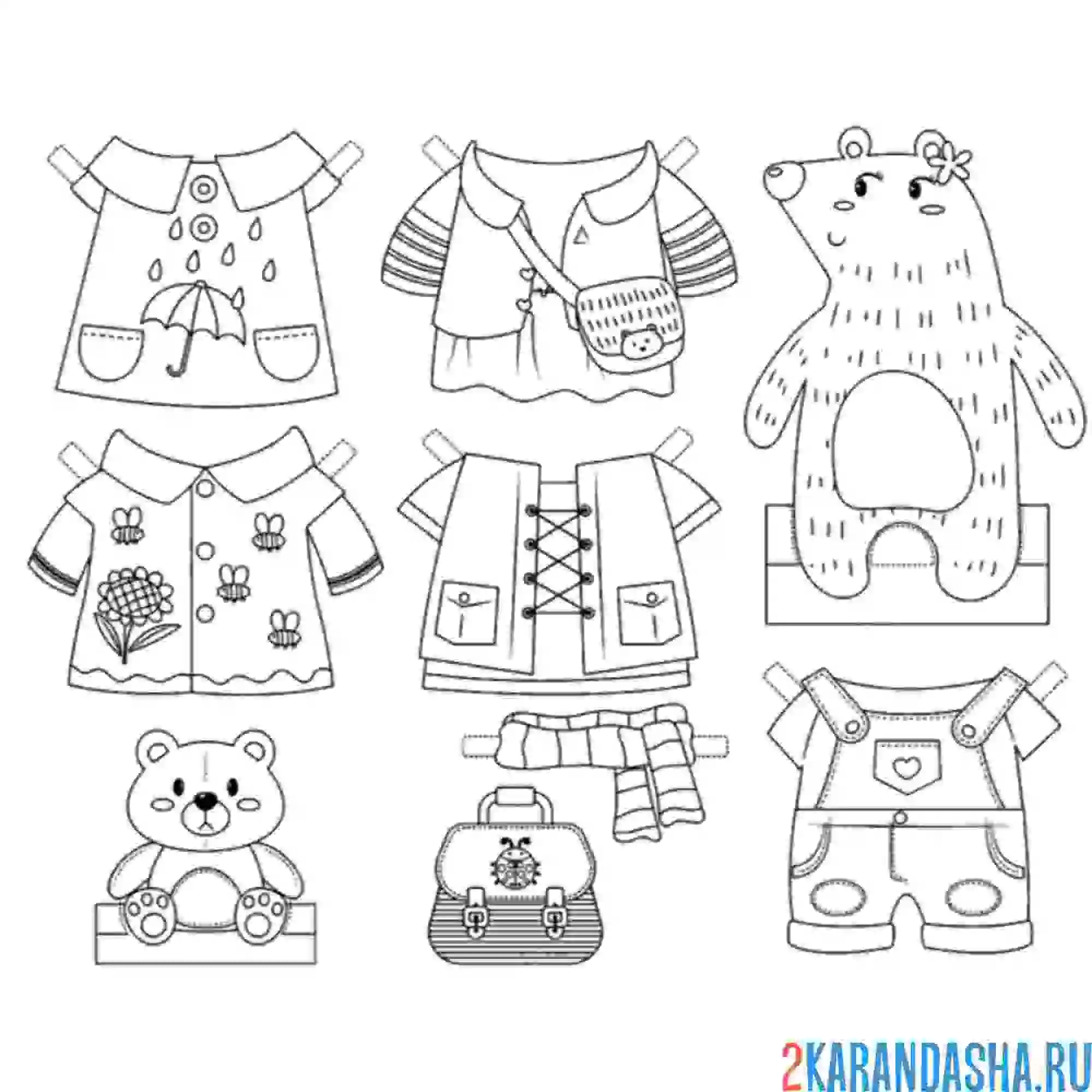 Раскраска бумажная кукла-мишка с одеждой для вырезания
