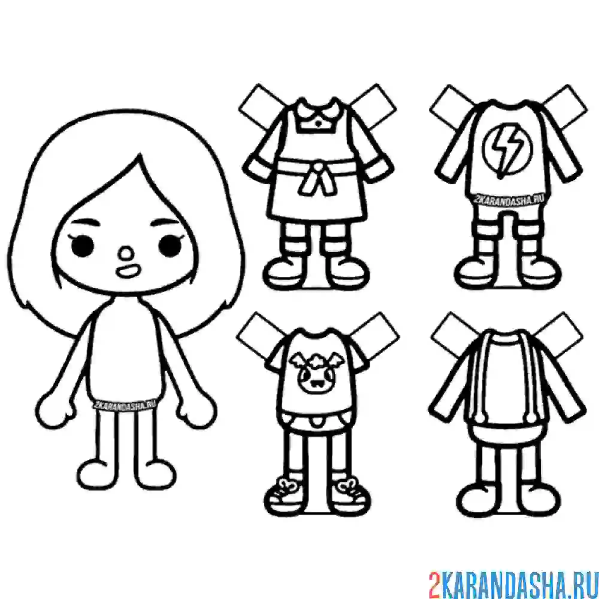 Раскраска бумажная кукла с одеждой для вырезания тока бока