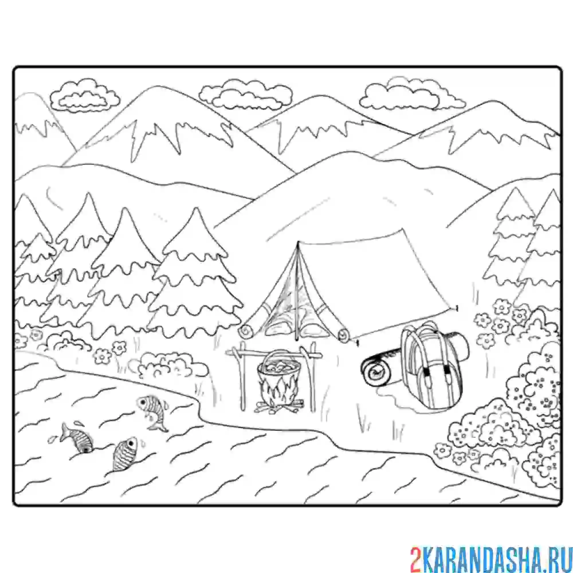 Раскраска палатка в горах лес