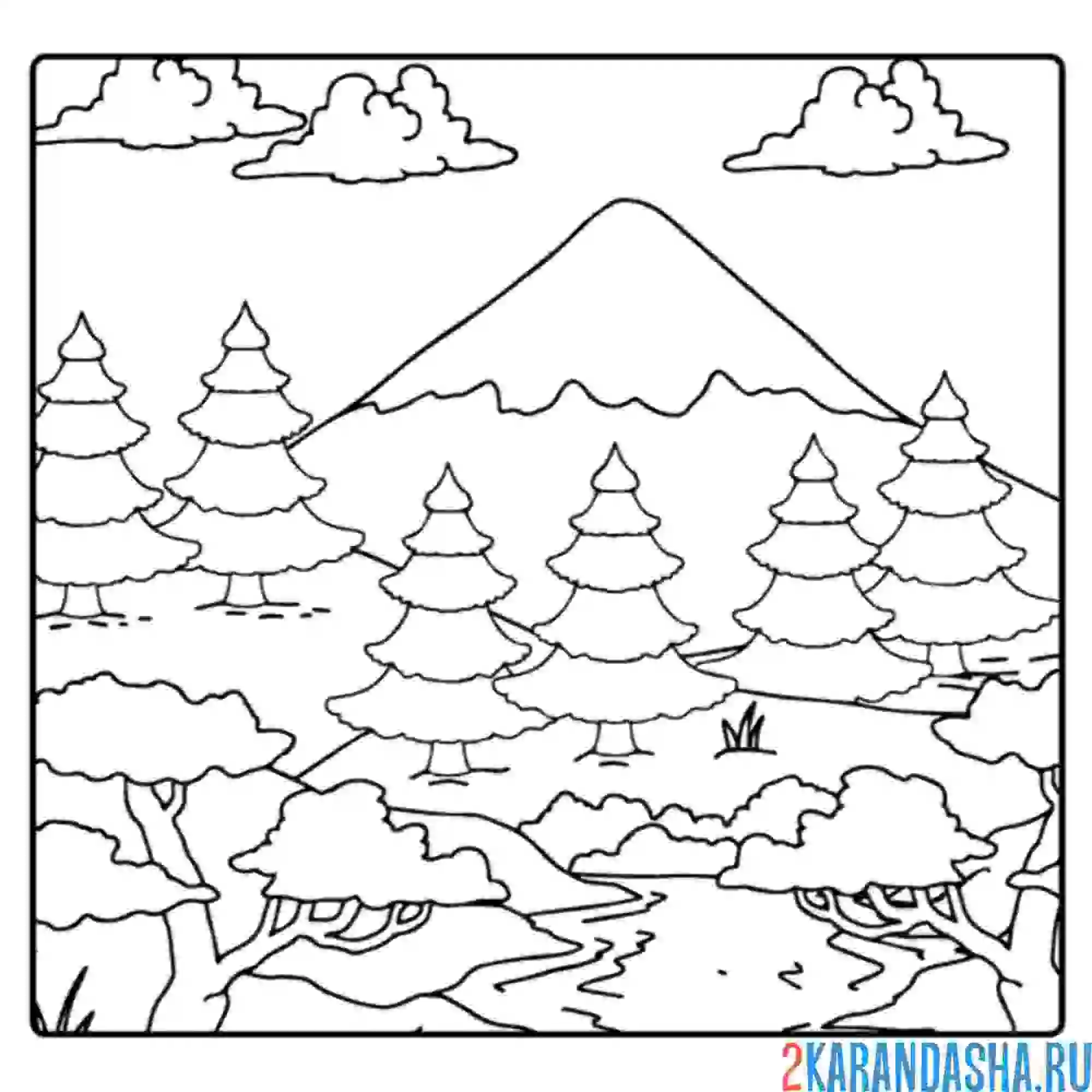 Раскраска горы и деревья