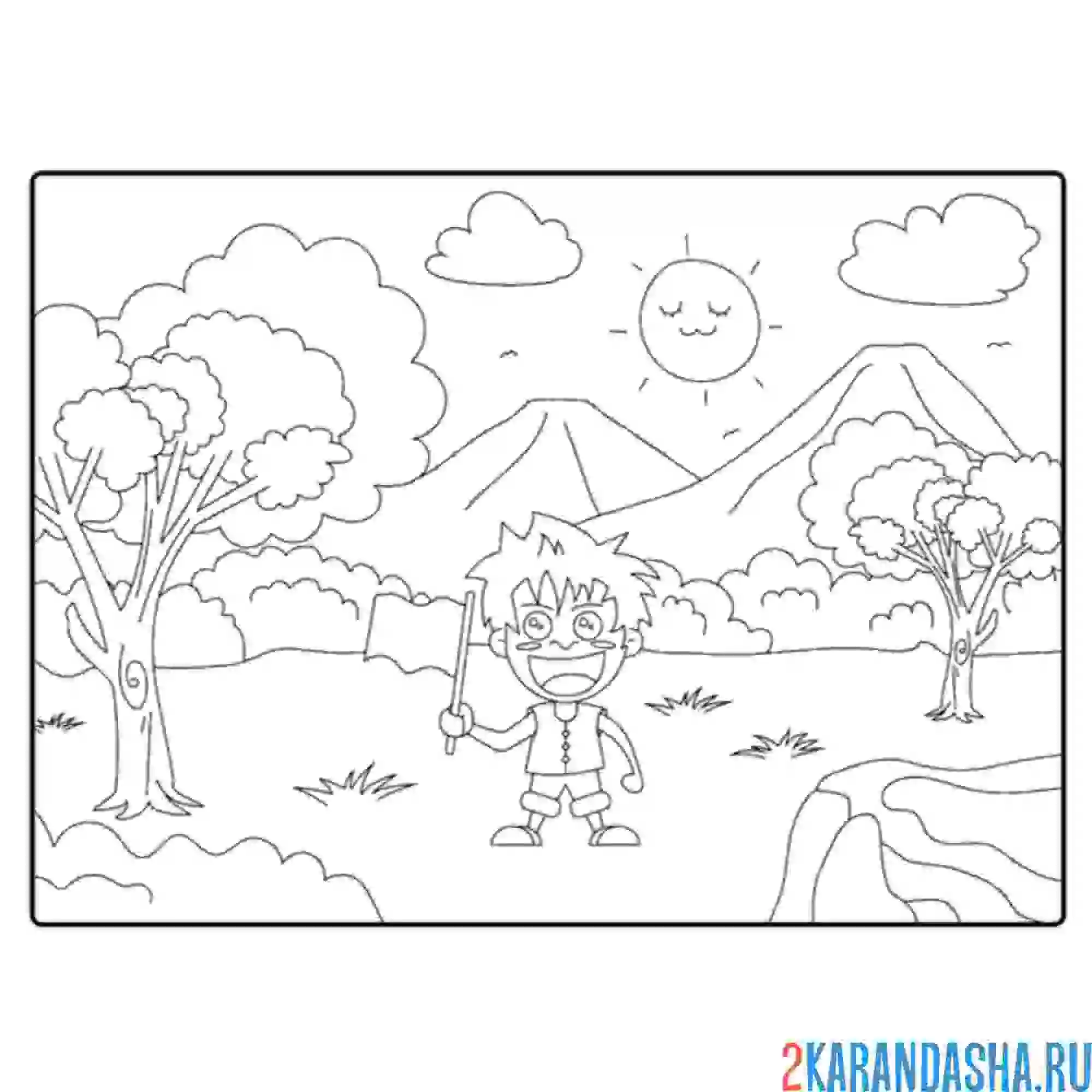 Раскраска мальчик в лесу