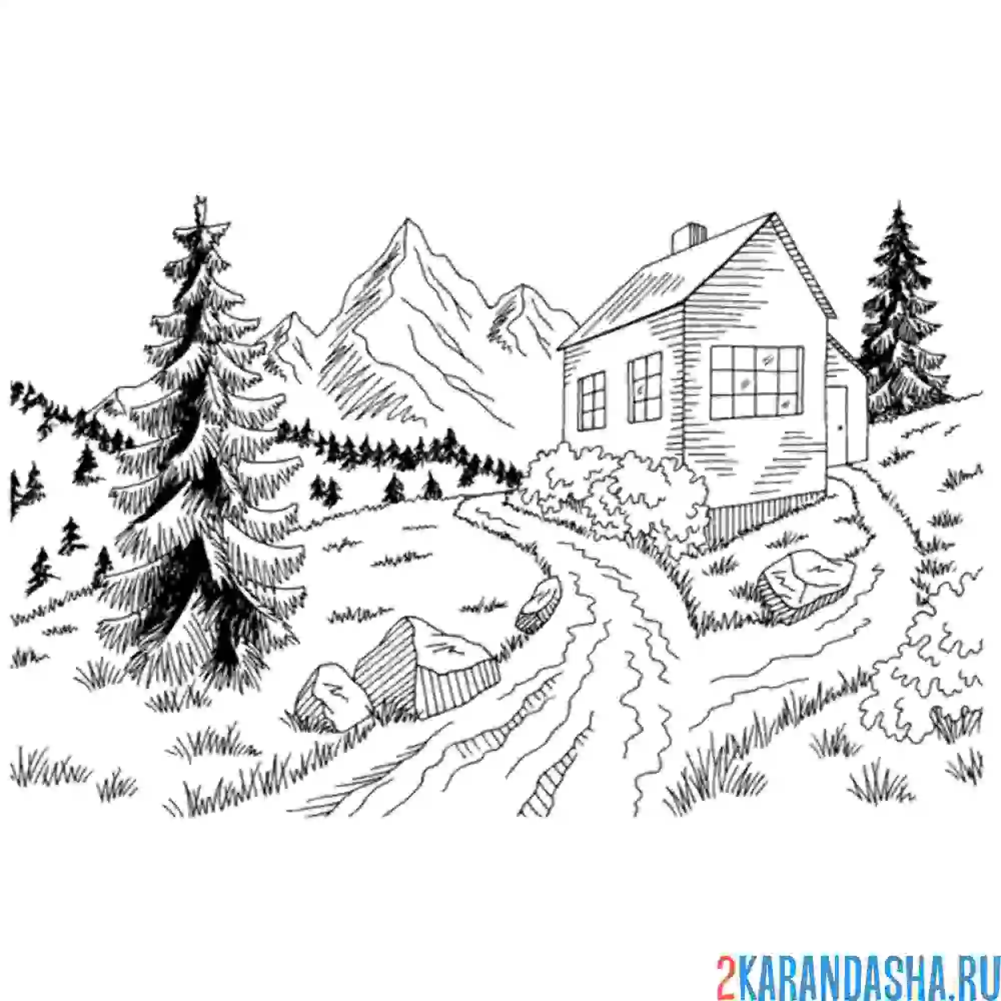 Раскраска большой дом в горах