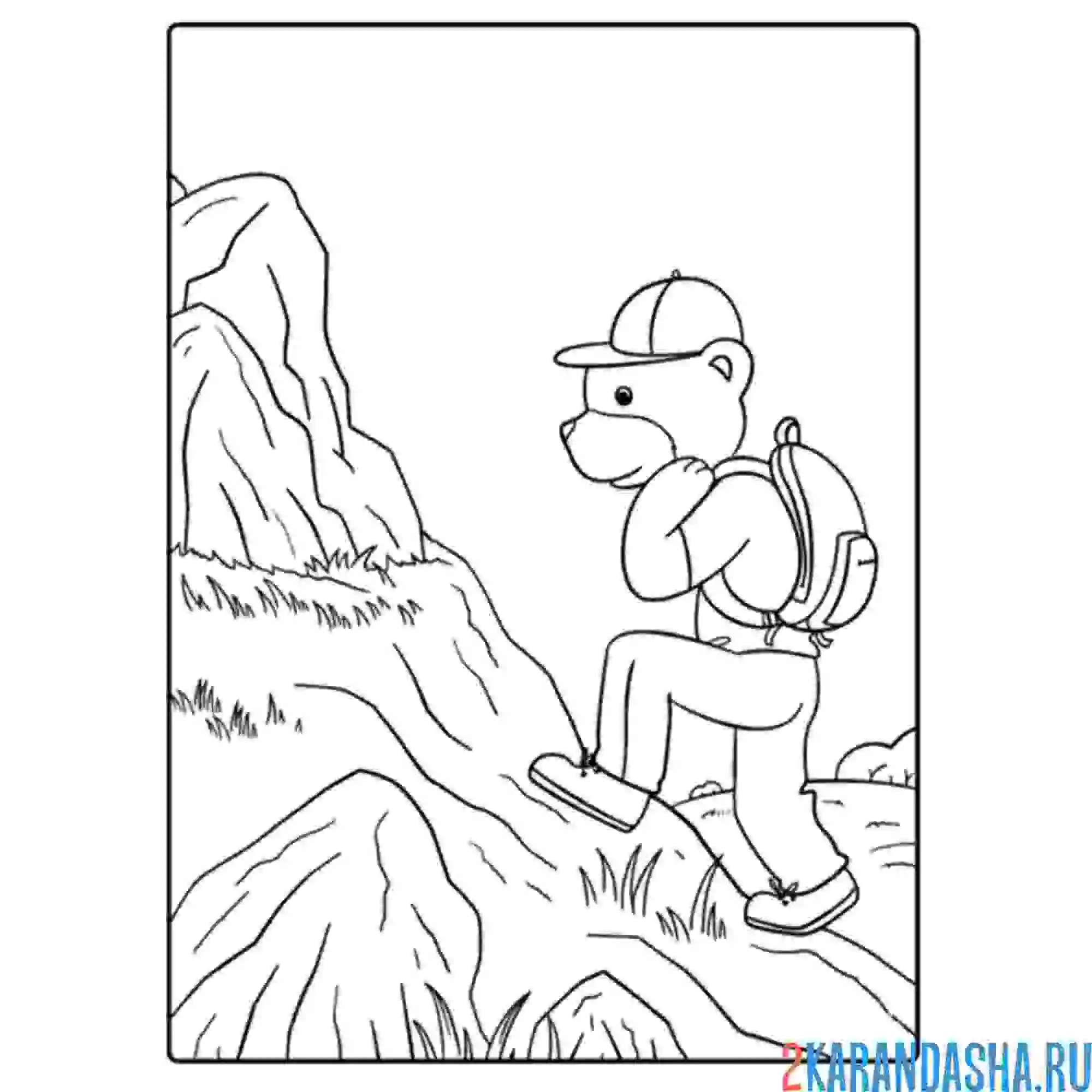 Раскраска турист мишка в горах