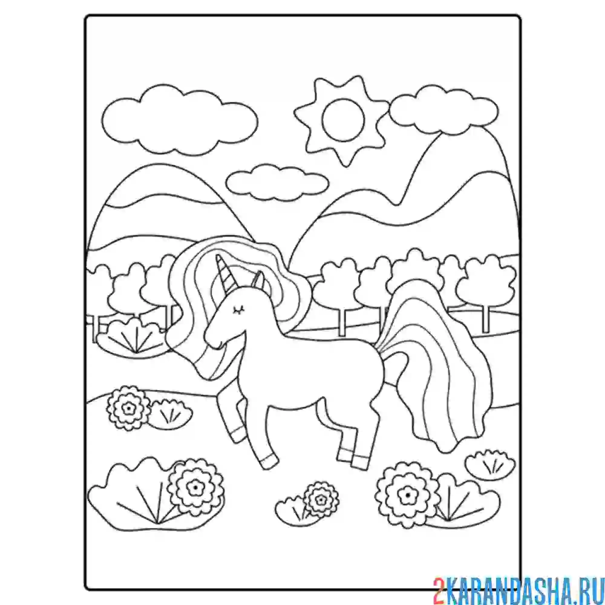 Раскраска единорог в лесу