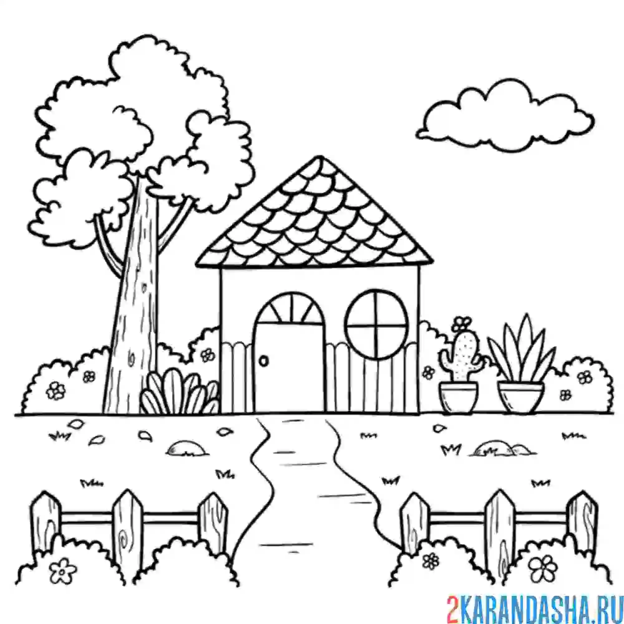 Раскраска домик в саду