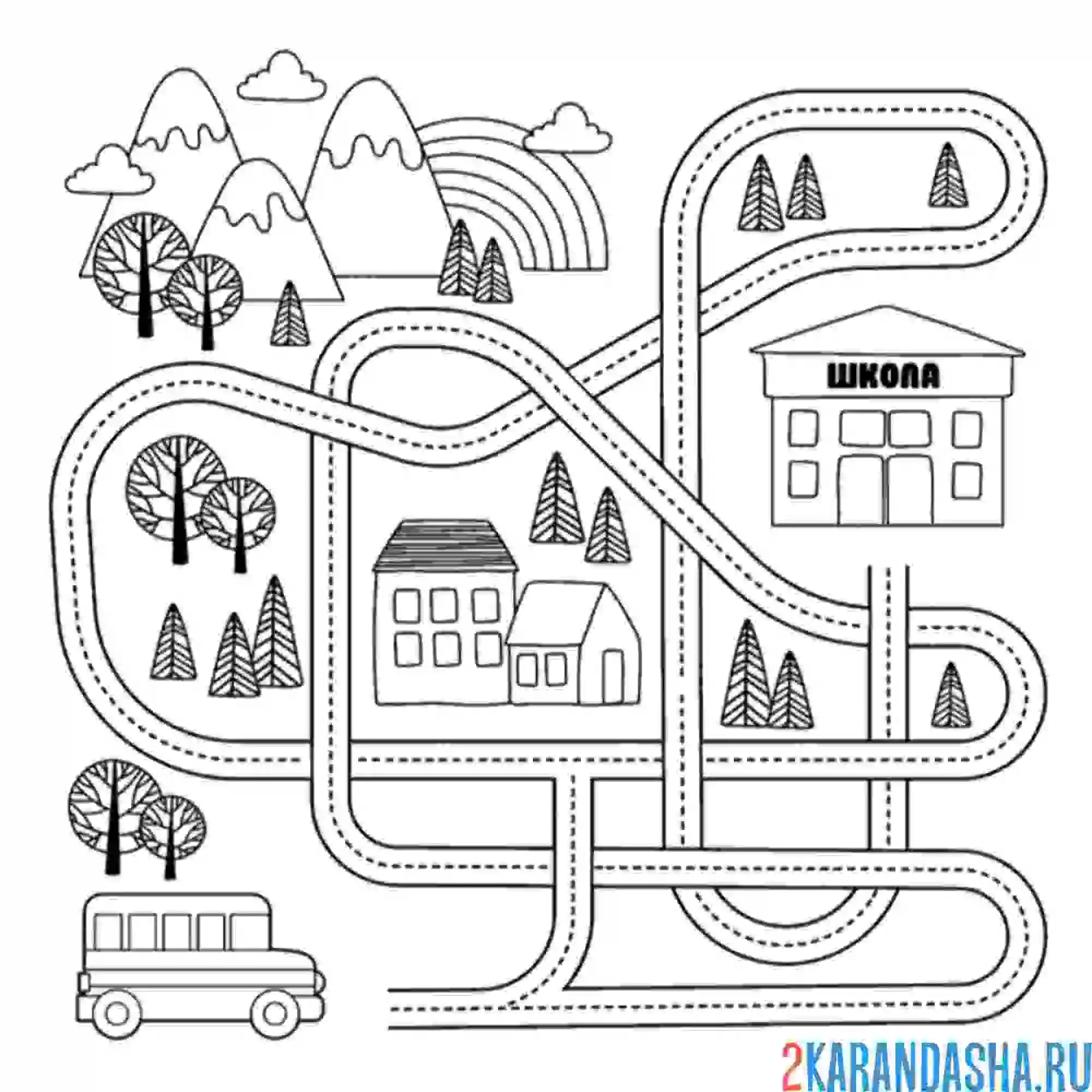 Раскраска лабиринт в городе до школы
