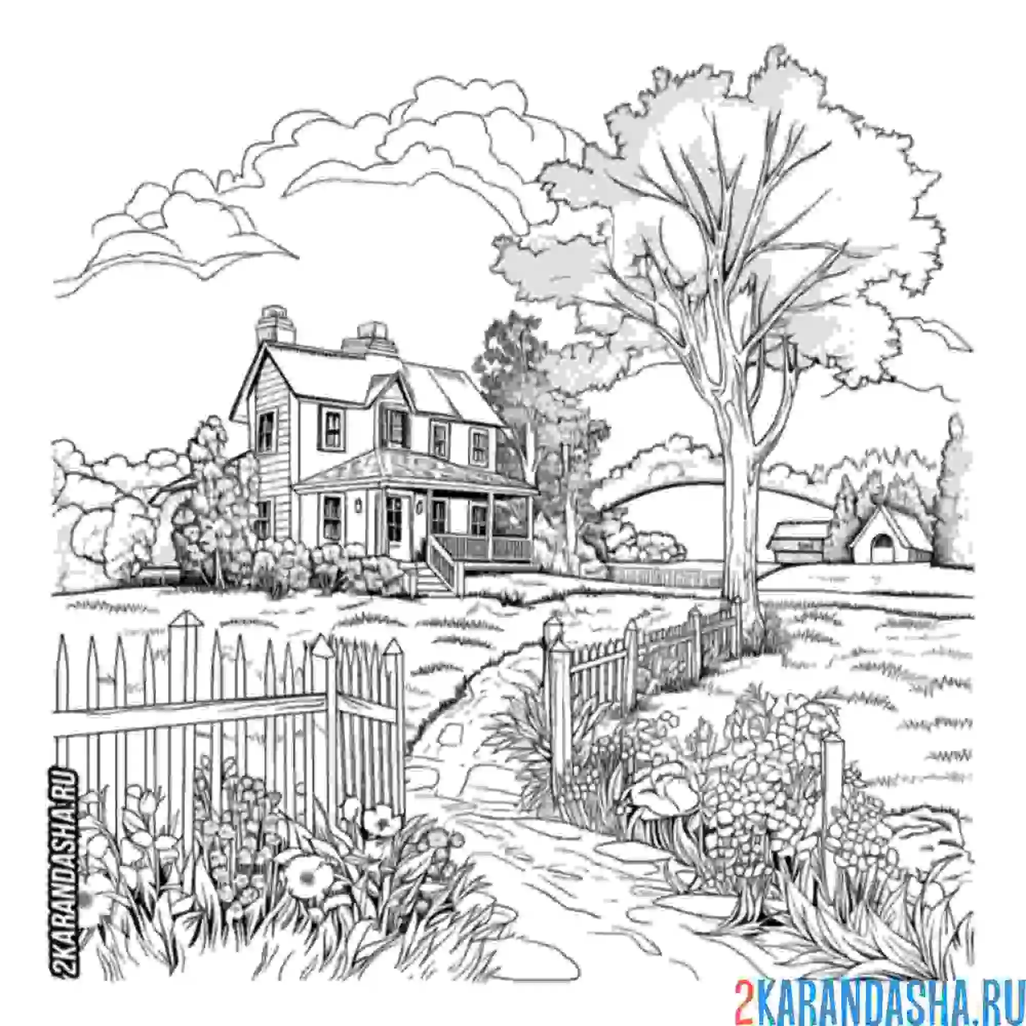 Раскраска большой дом в лесу