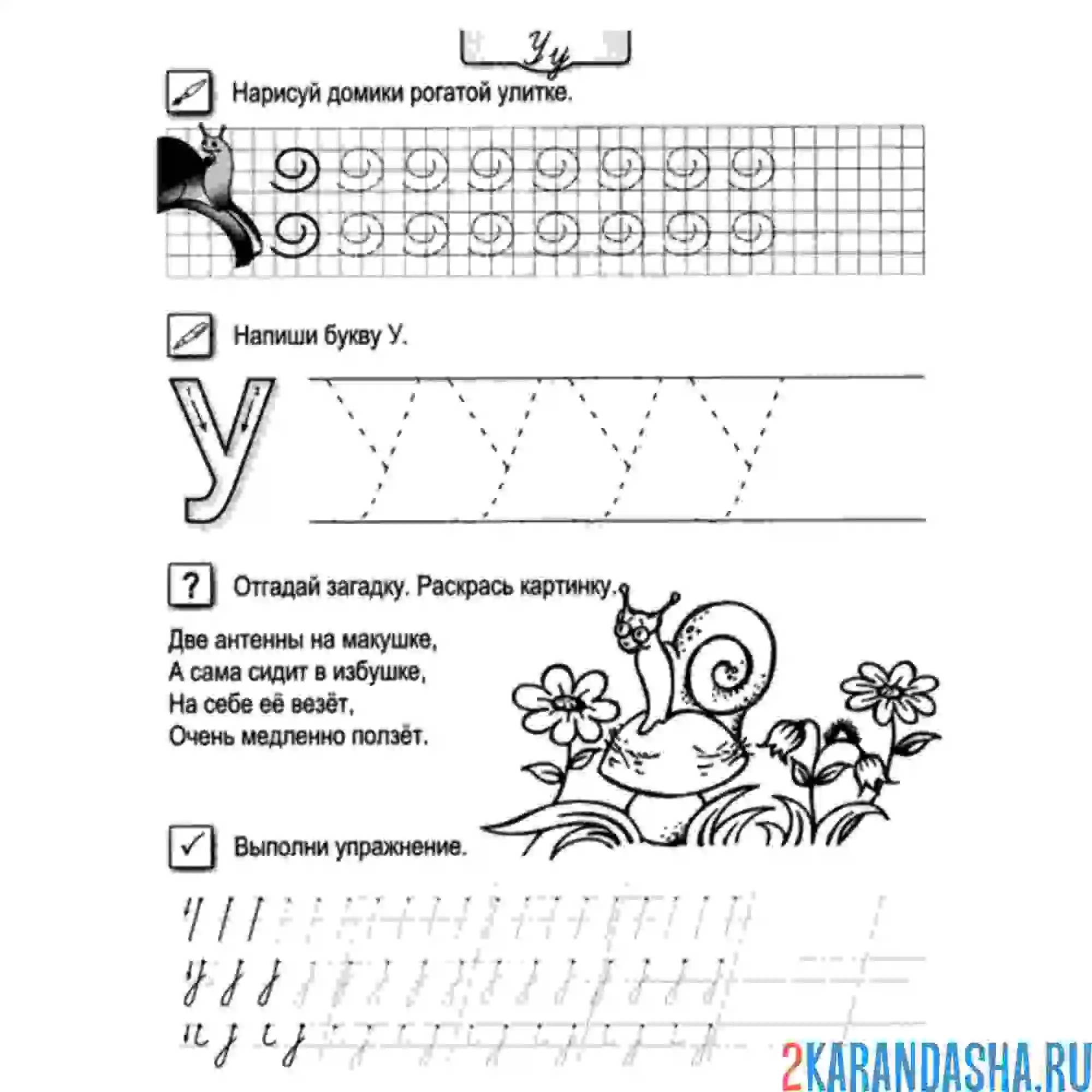 Раскраска буква у по клеточкам пропись