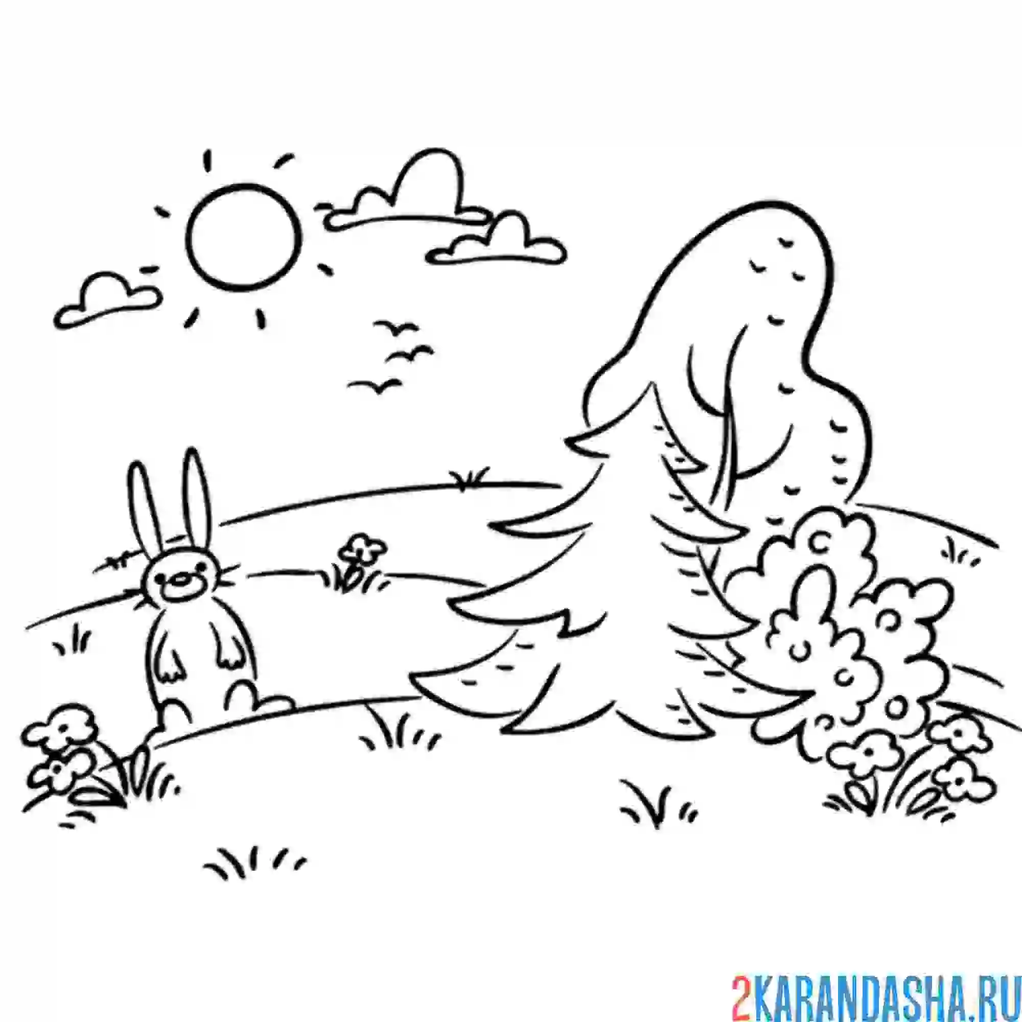 Раскраска пейзаж с зайцем