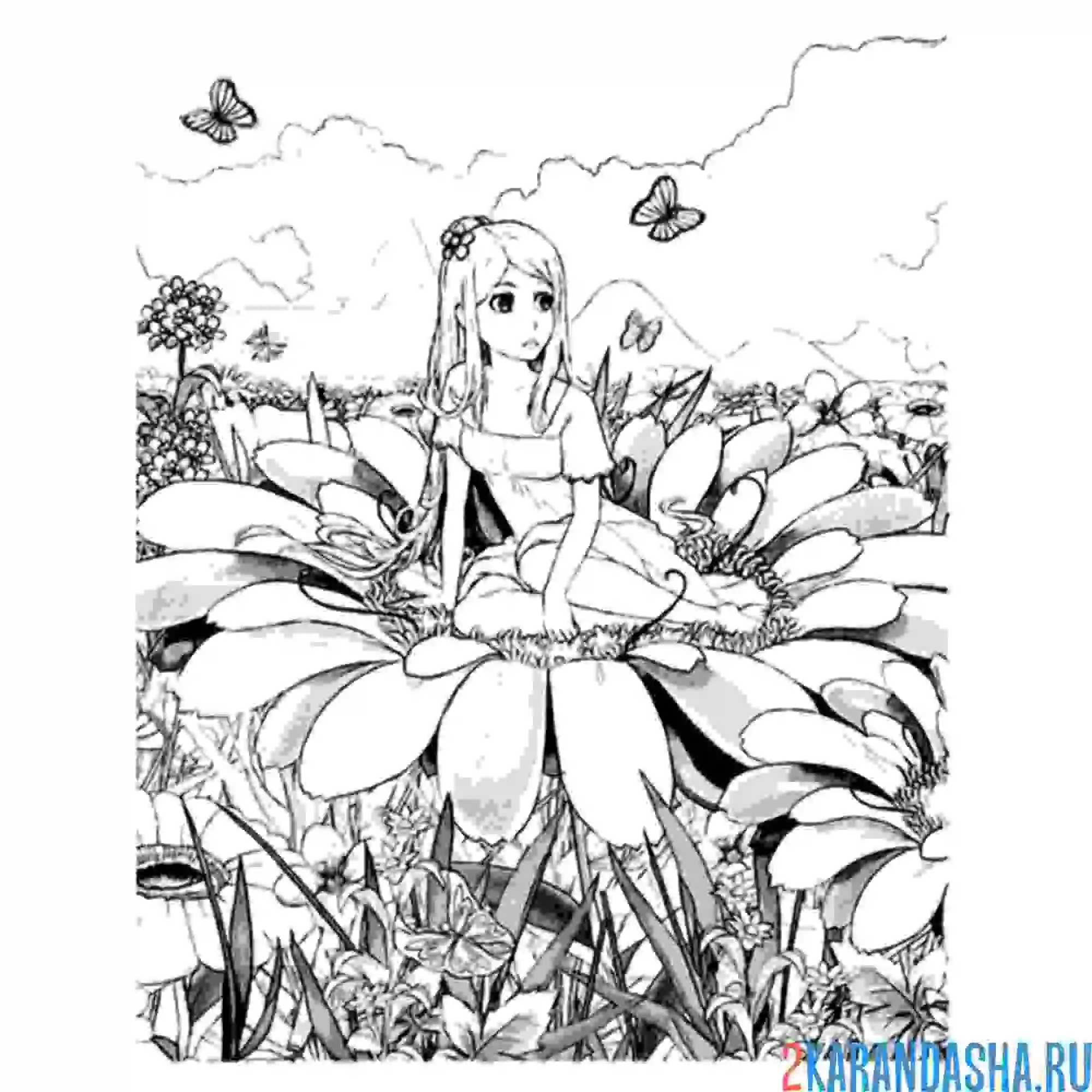 Раскраска дюймовочка в цветке
