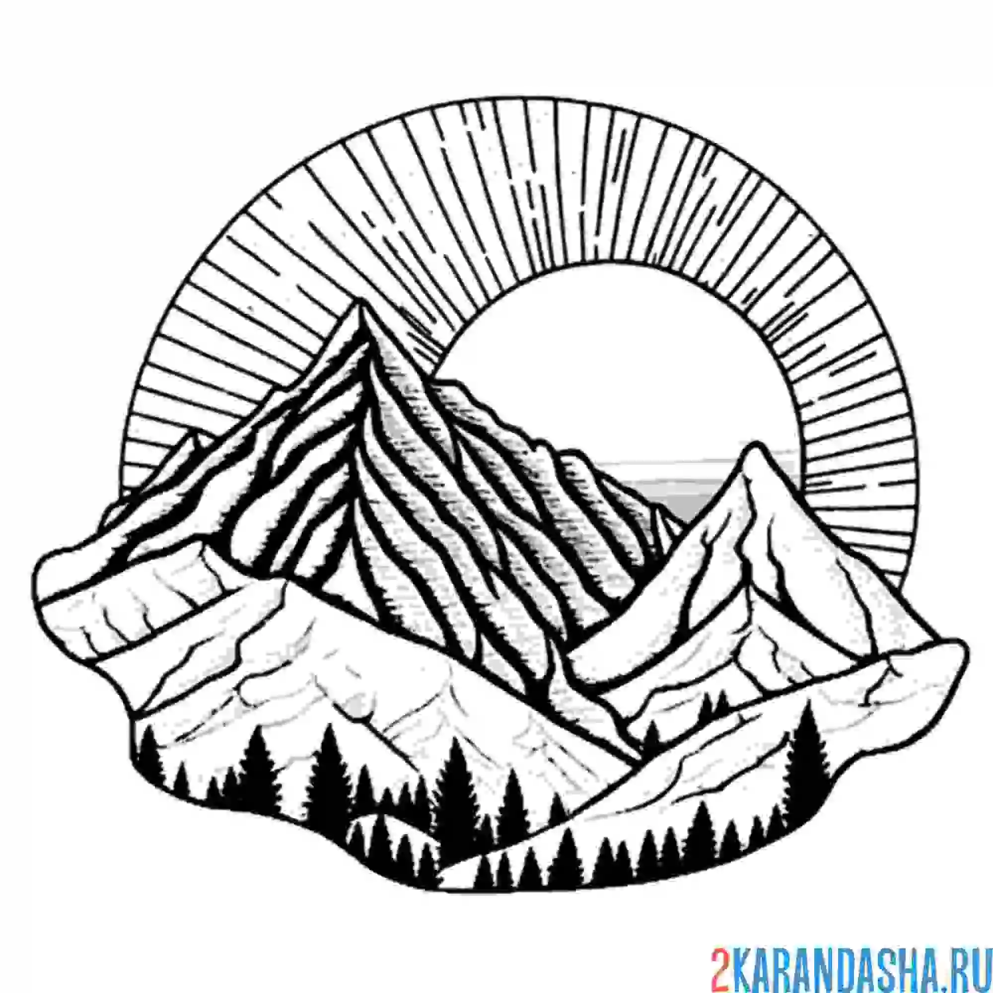 Раскраска рассвет в горах пейзаж