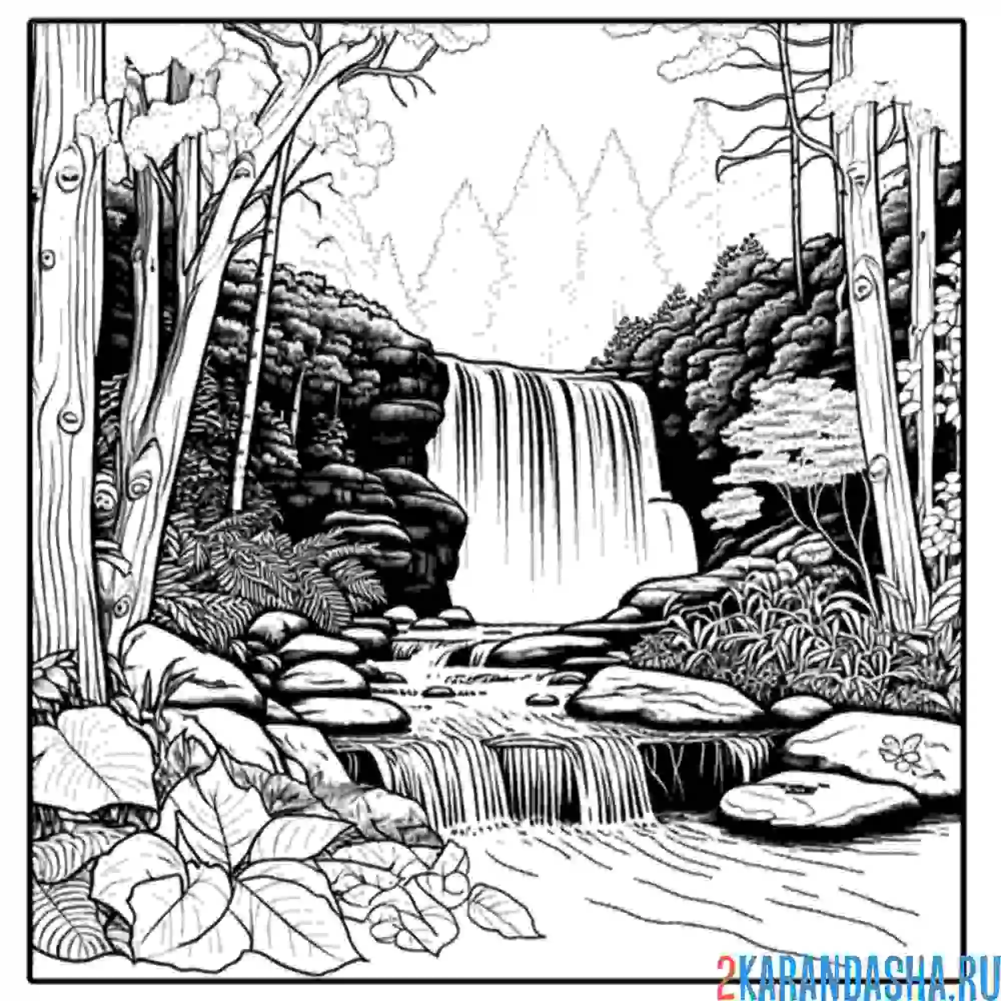 Раскраска крупный водопад в лесу пейзаж