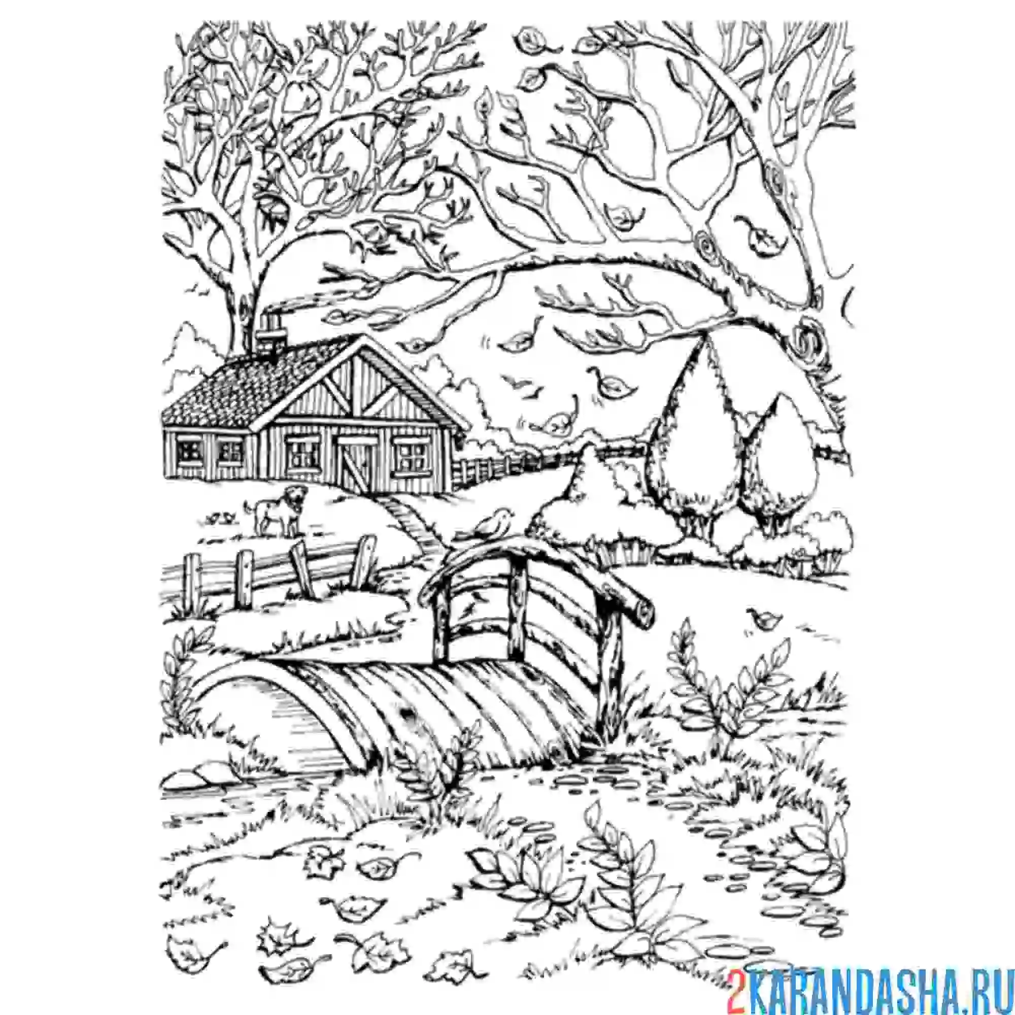 Раскраска дом пейзаж осенний