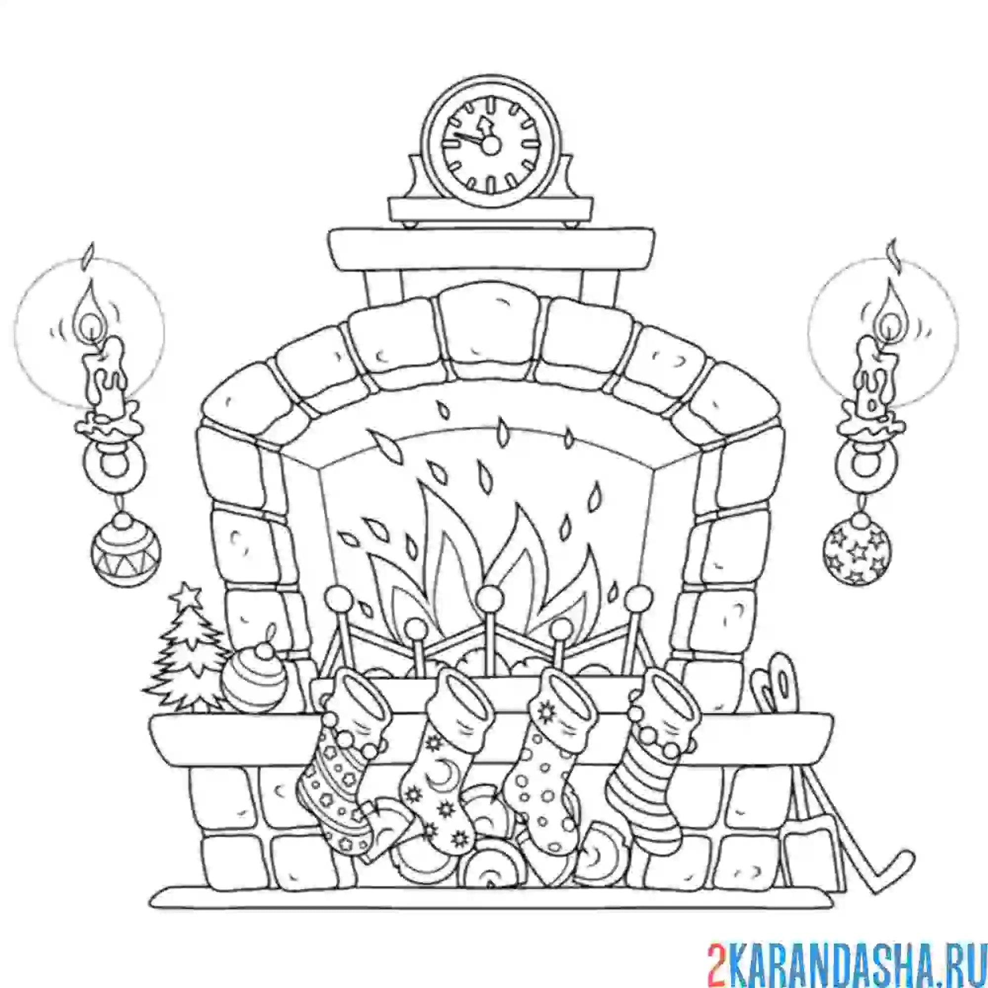 Раскраска рождественский камин с огнем