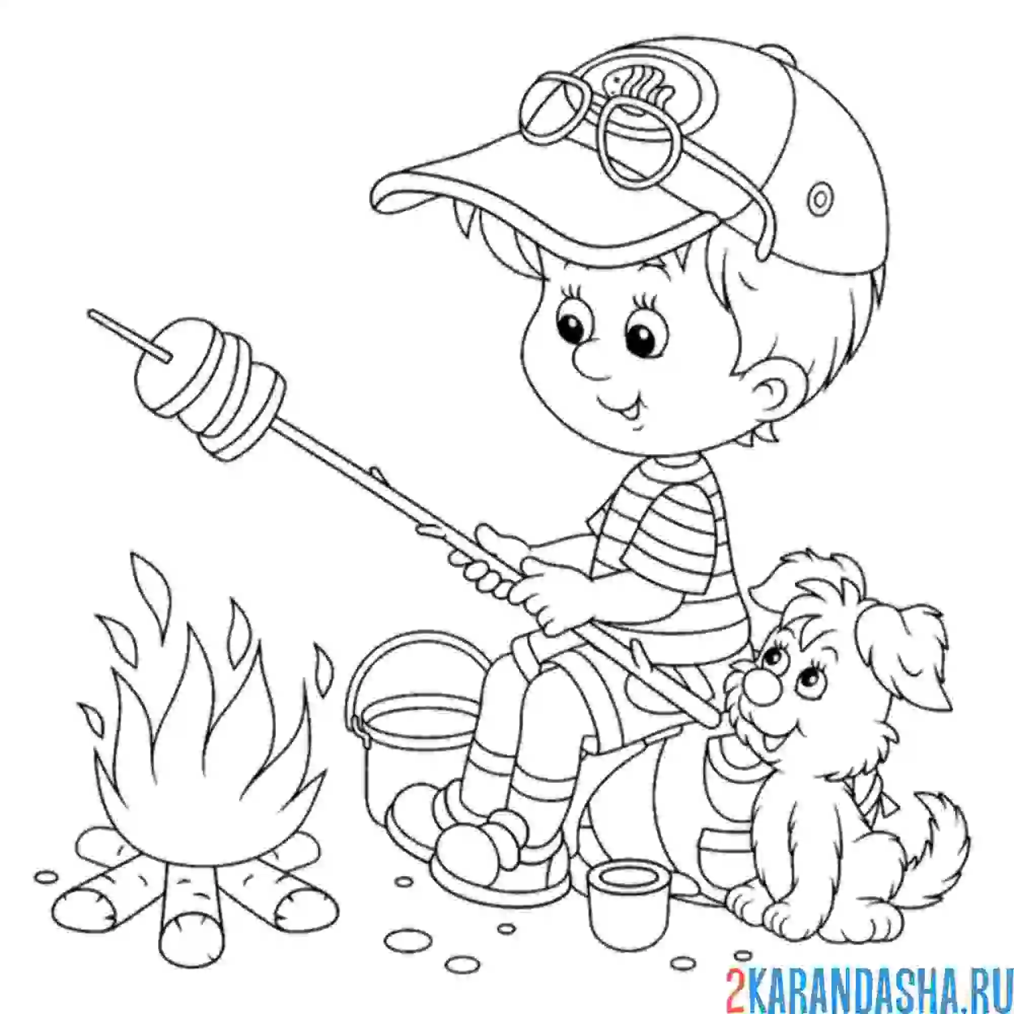 Раскраска турист и костер огонь