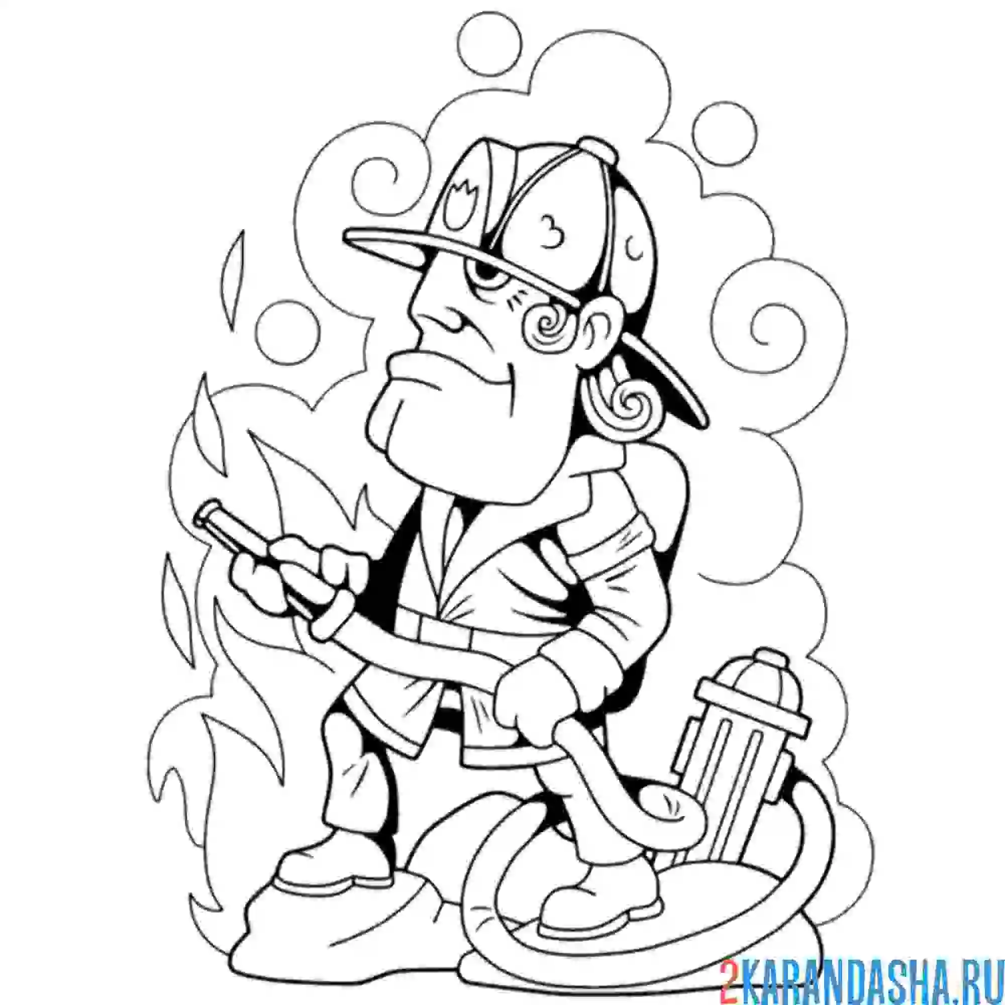 Раскраска пожарный против огня