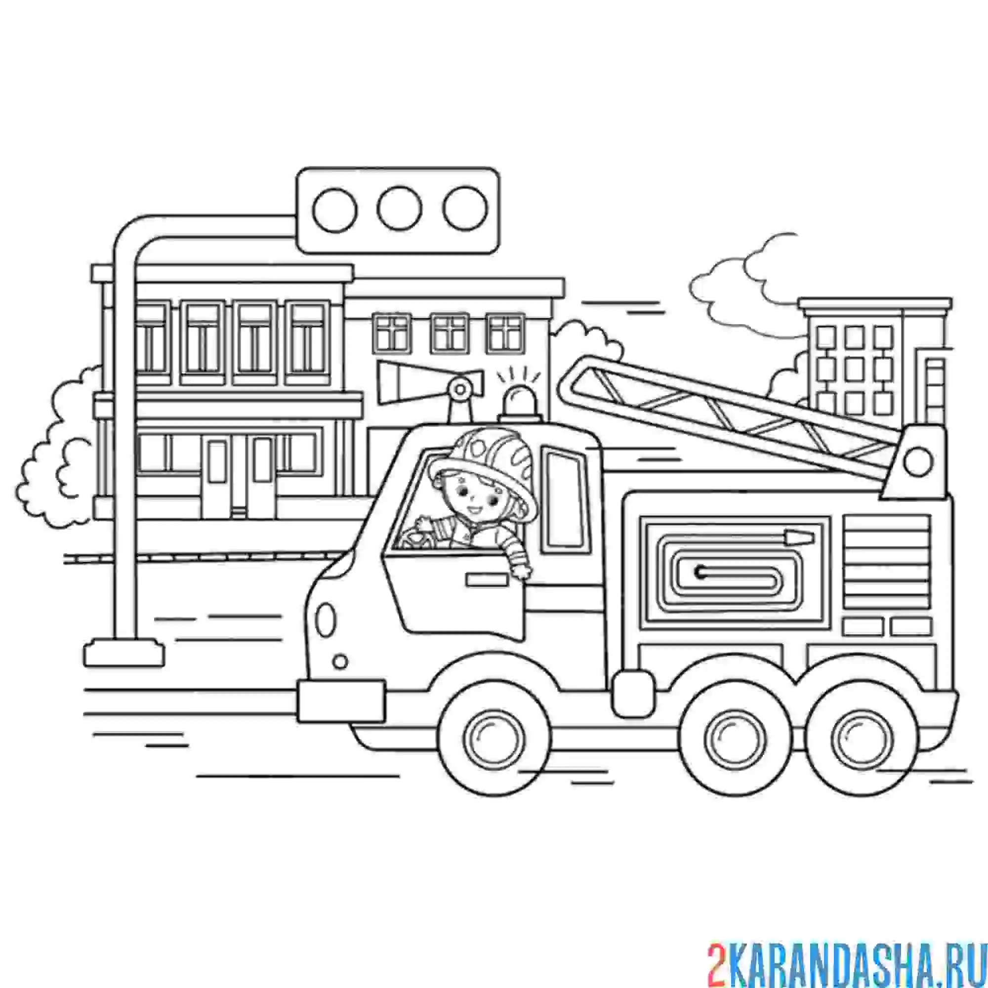 Раскраска пожарный едет на машине