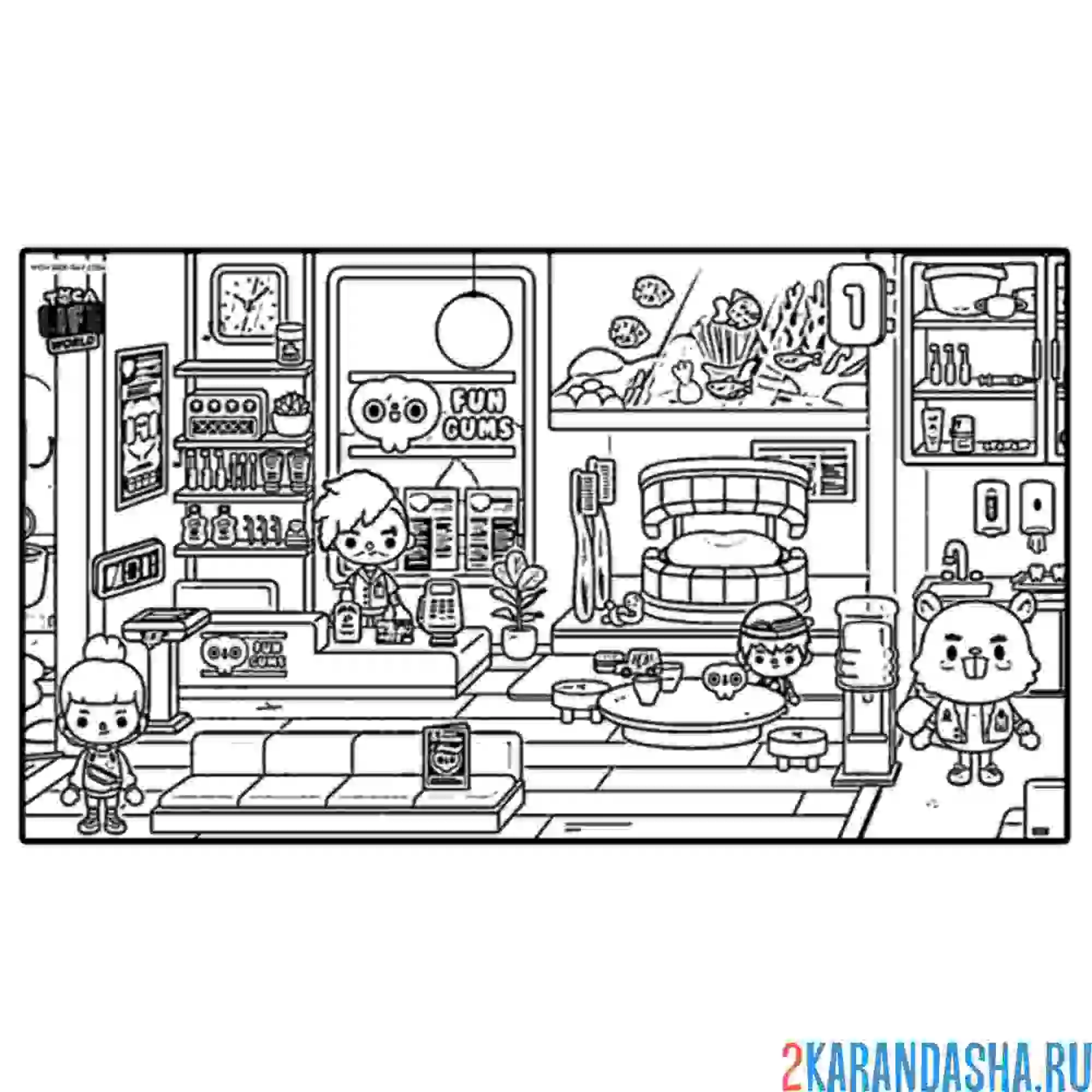 Раскраска мебель тока бока персонаж комната