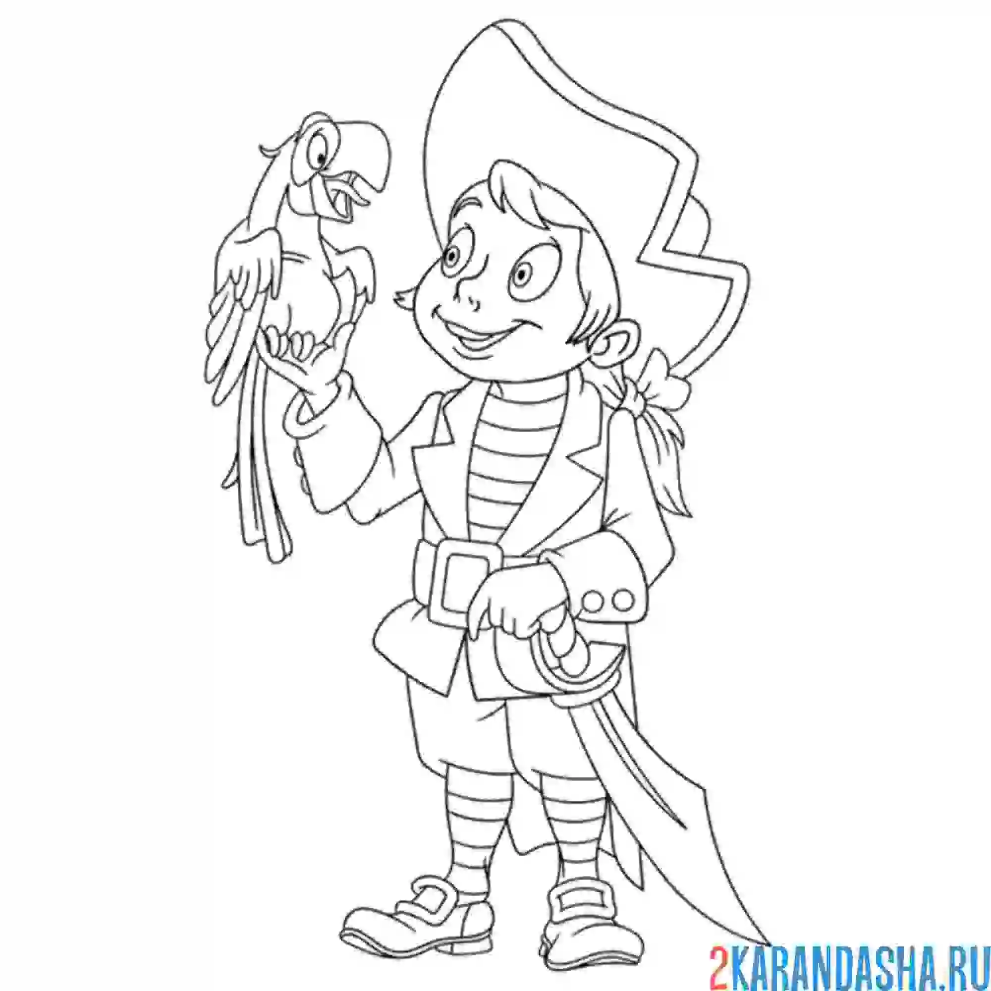 Раскраска пират юный с попугаем