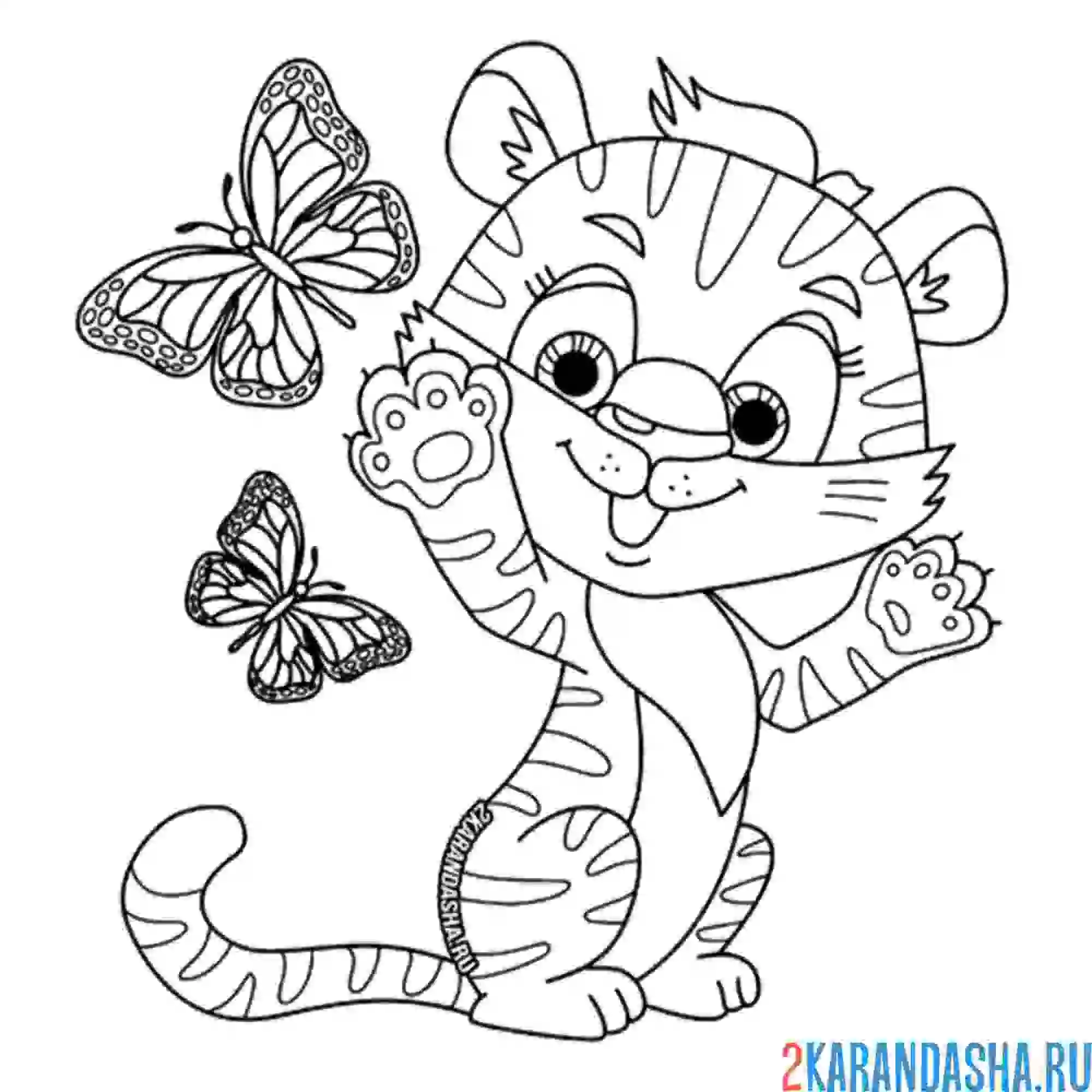 Раскраска тигренок с бабочками