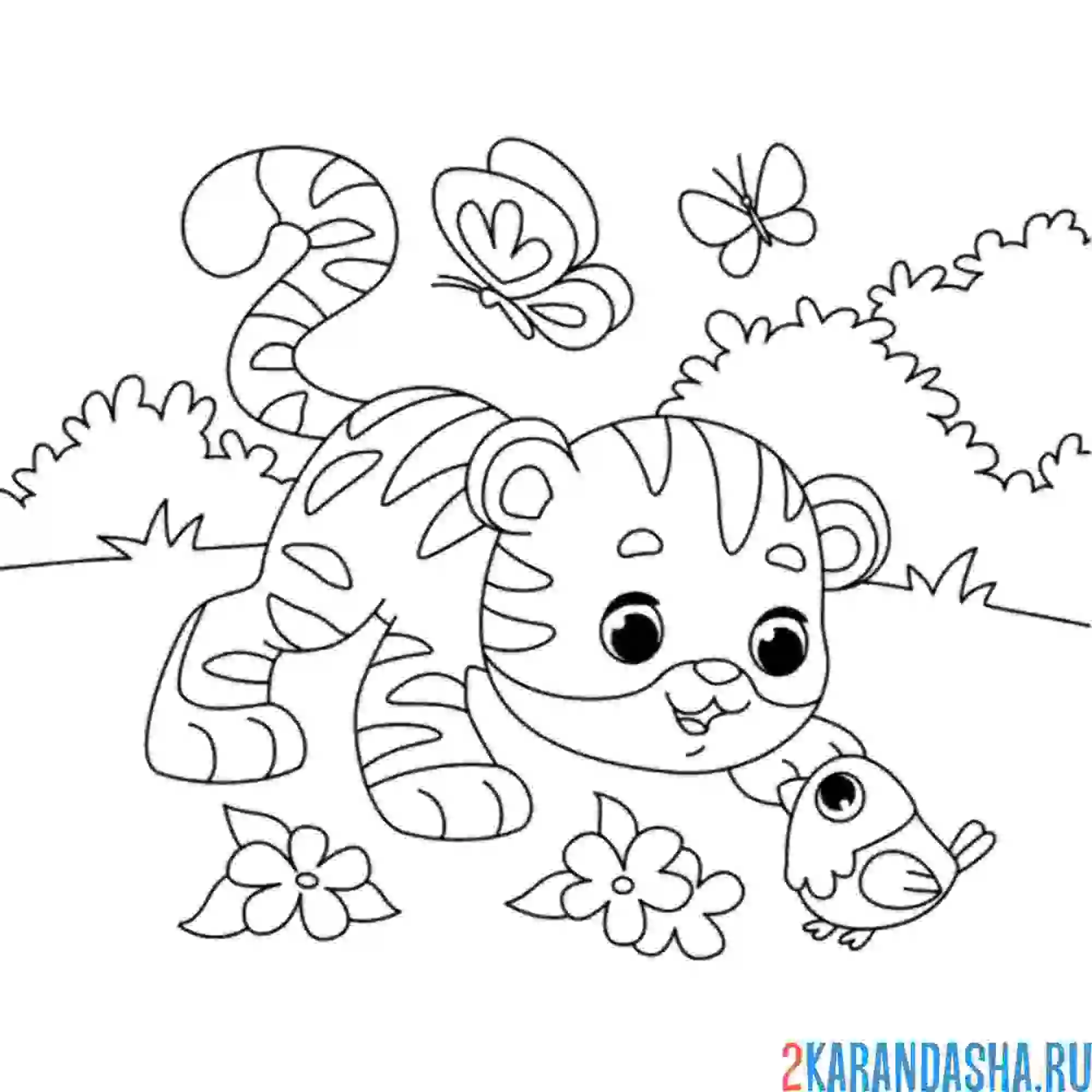 Раскраска тигренок играет с бабочками