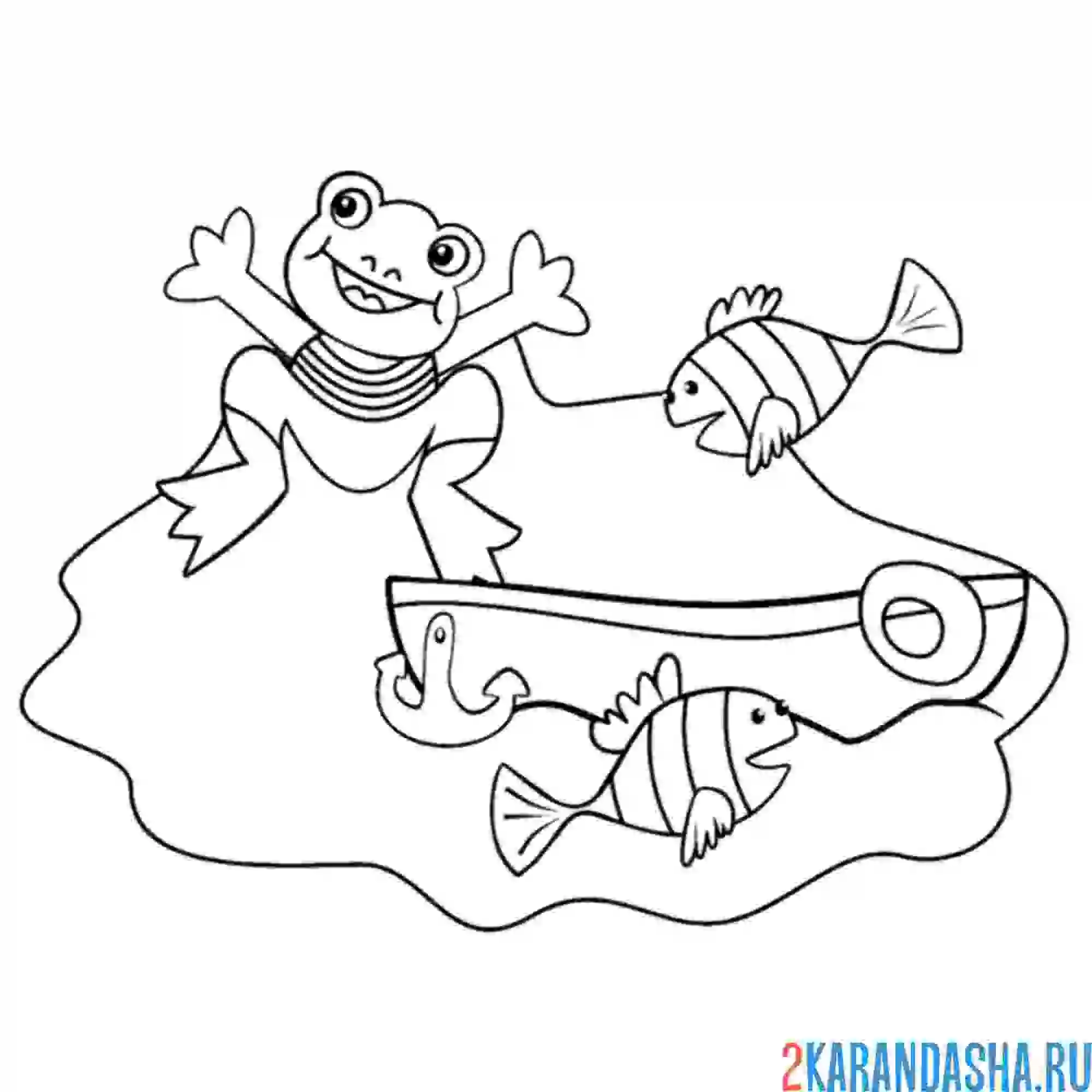 Раскраска лягушка рыбачет