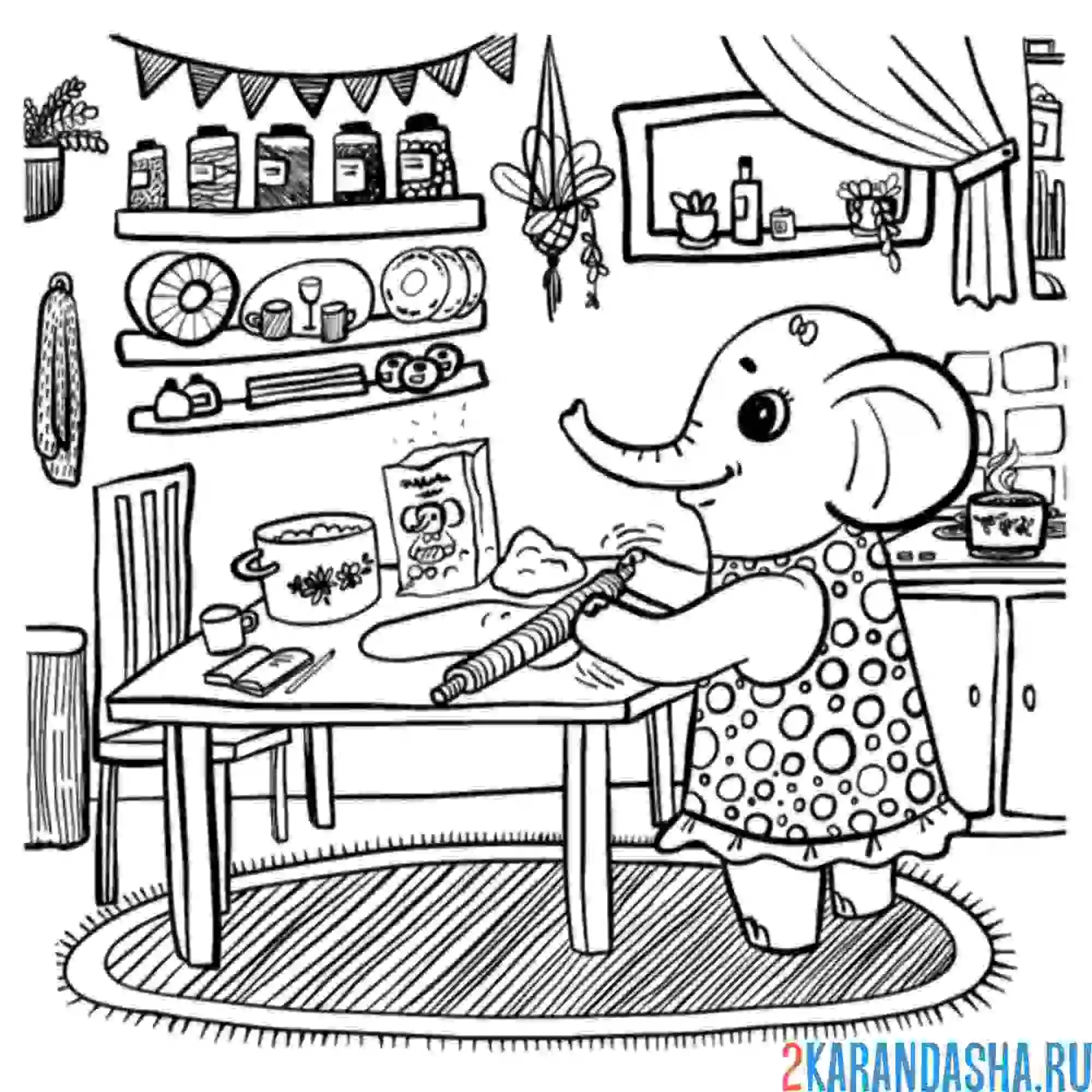 Раскраска слон в доме