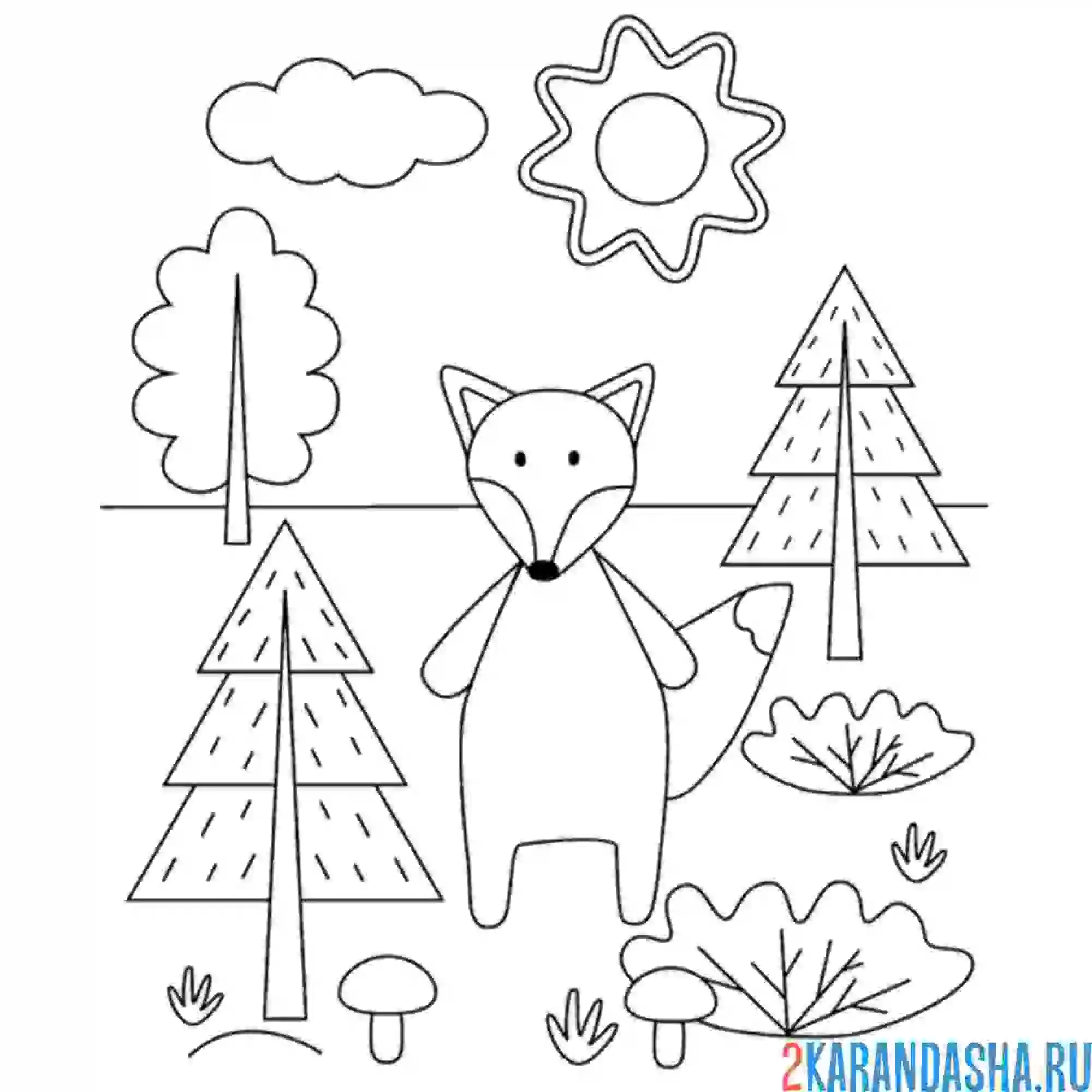 Раскраска простой рисунок лисы в лесу