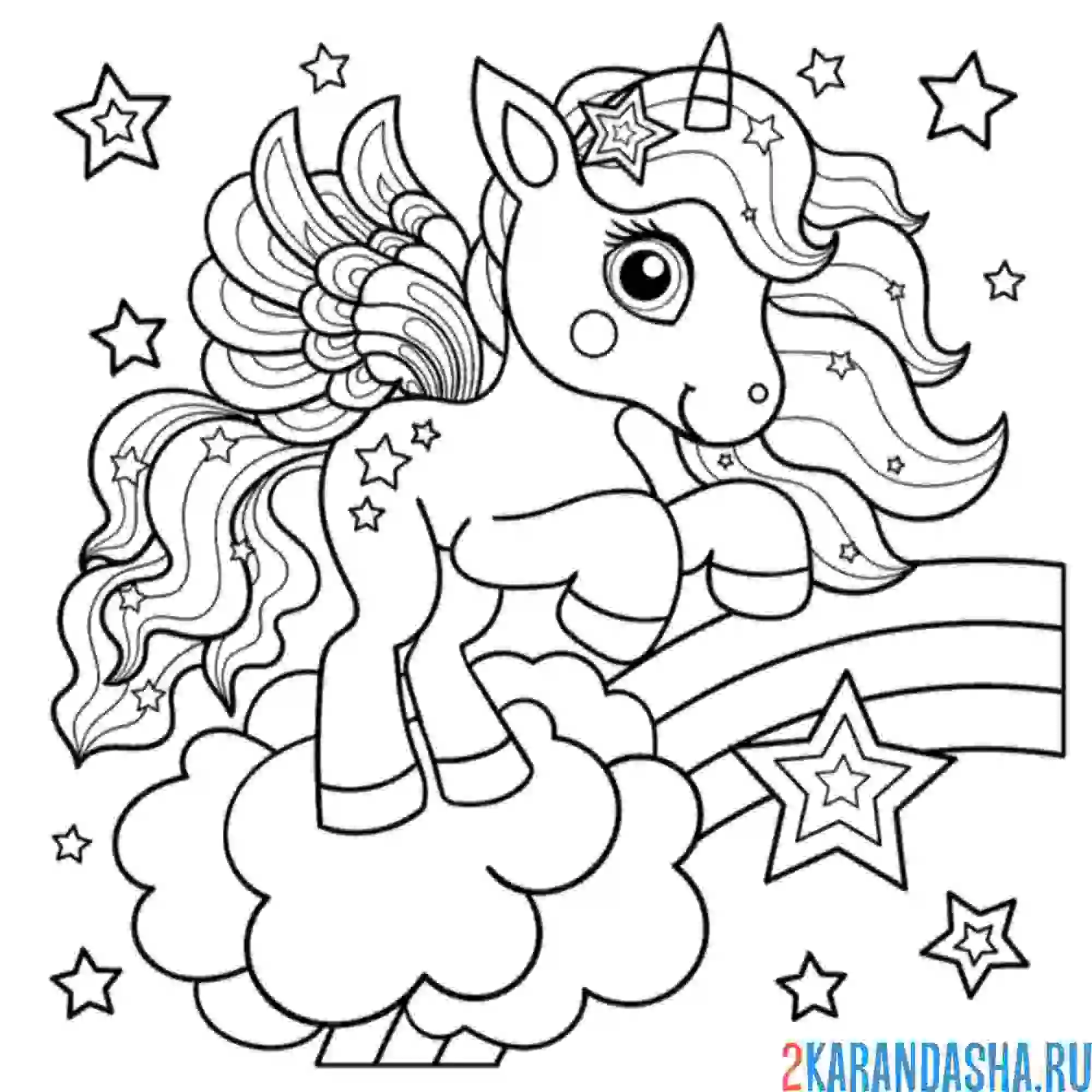 Раскраска единорог с крыльями на радуге