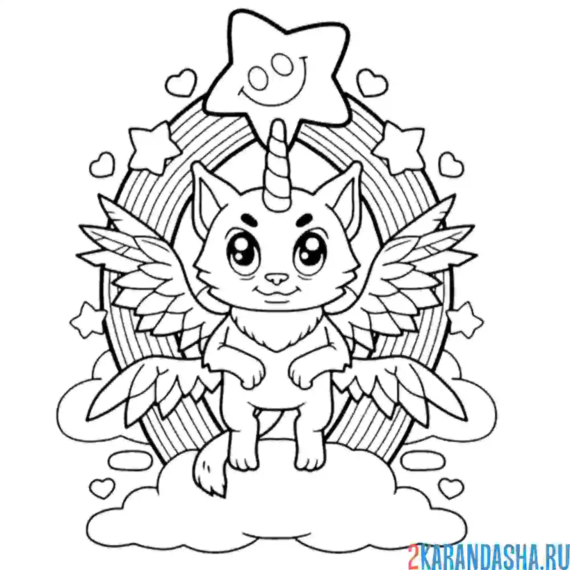 Раскраска кот-единорог на облаке