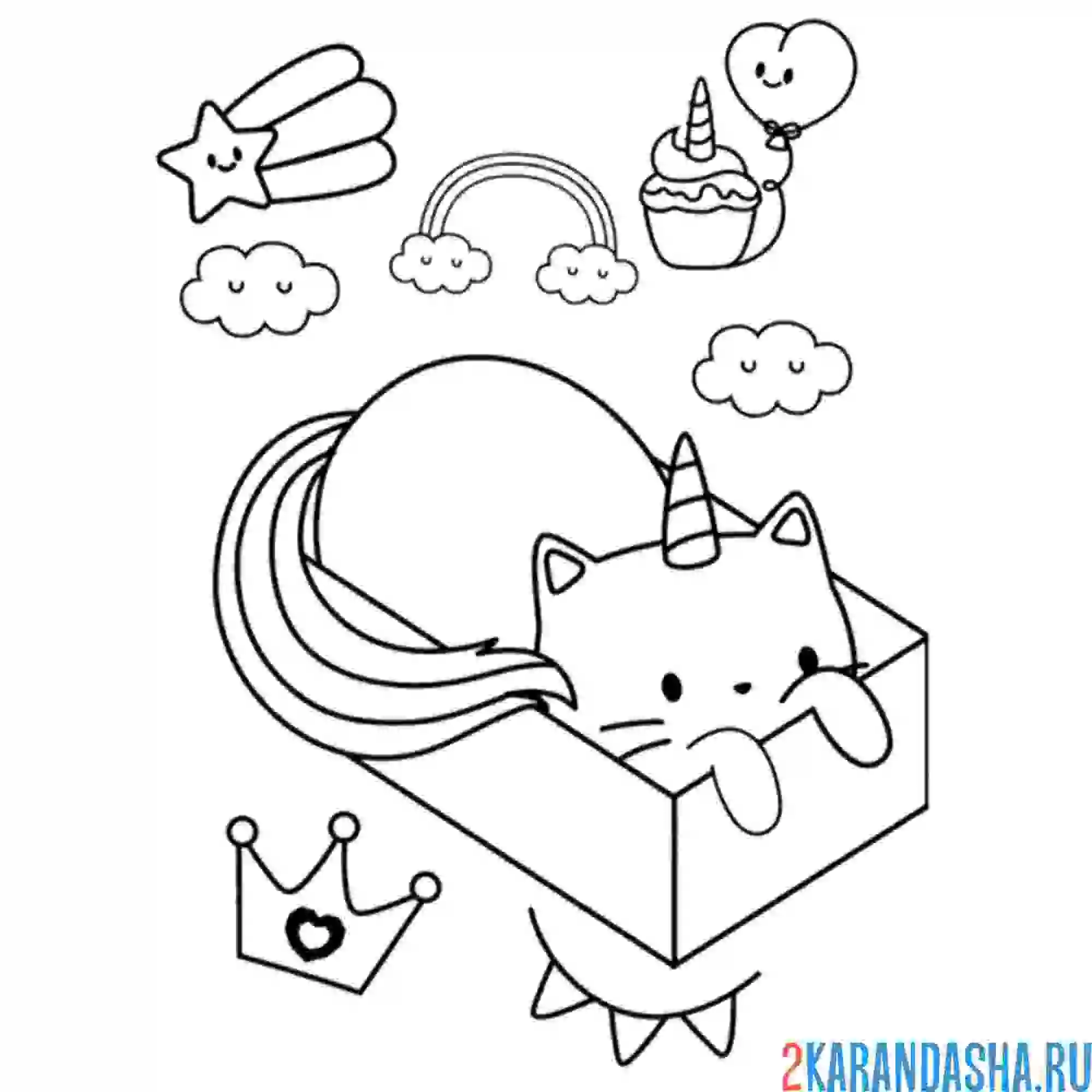 Раскраска кот-единорог в коробке